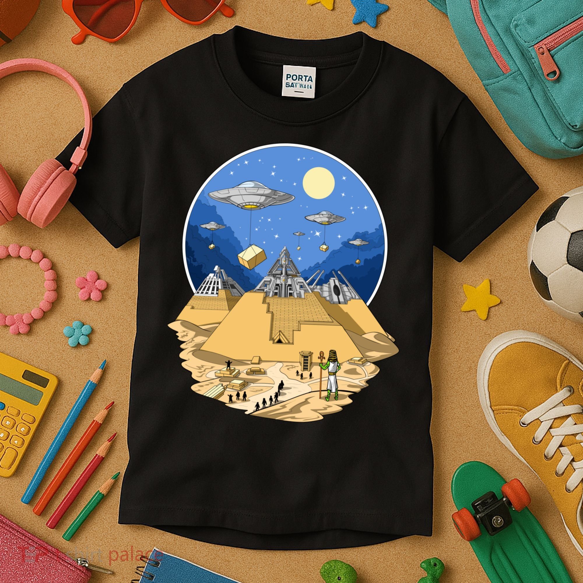 Aliens Bulding Egyptian Pyramids Kids T-Shirt