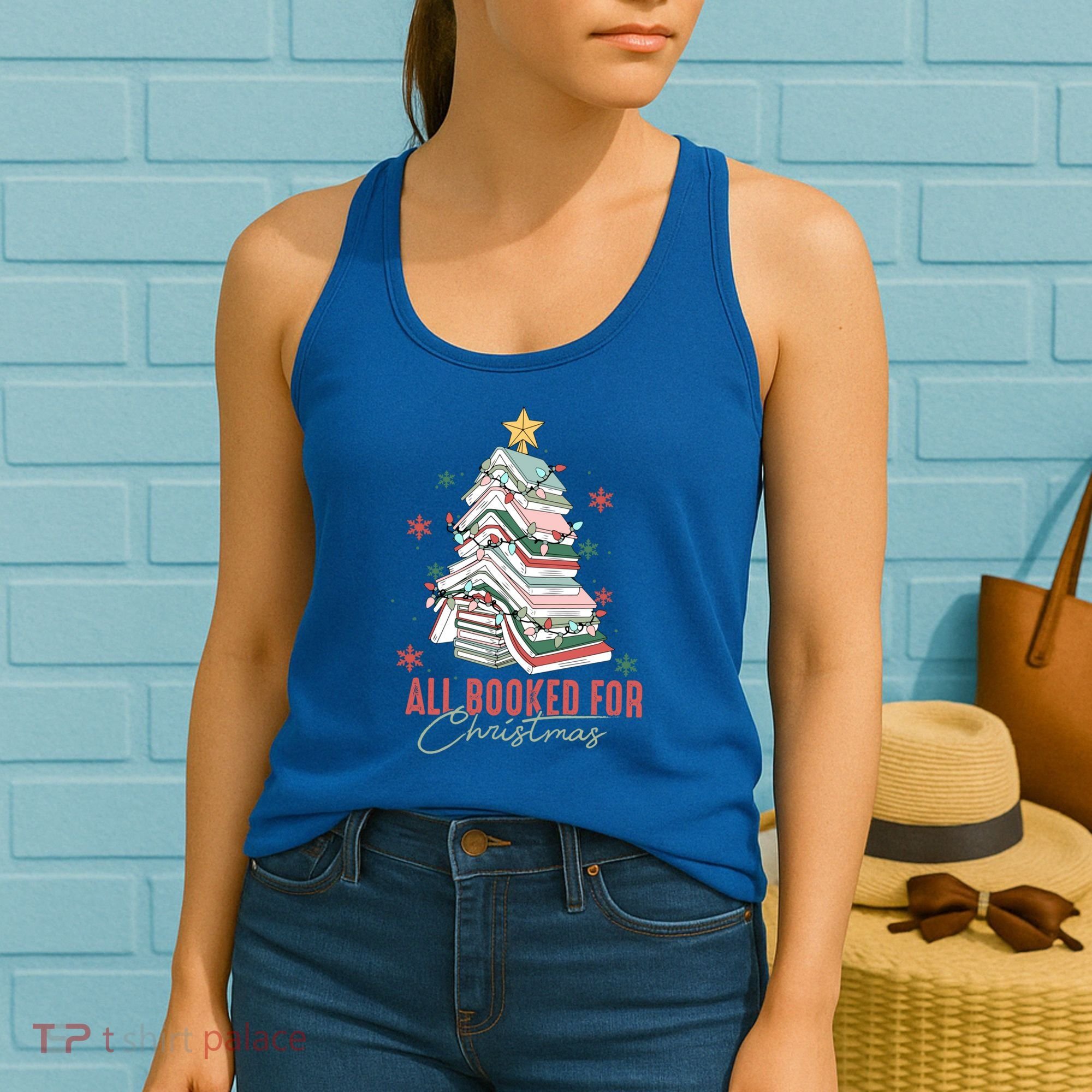 All Booked For Christmas Book Tree Christmas Xmas Lights Gift Women's Tank Top