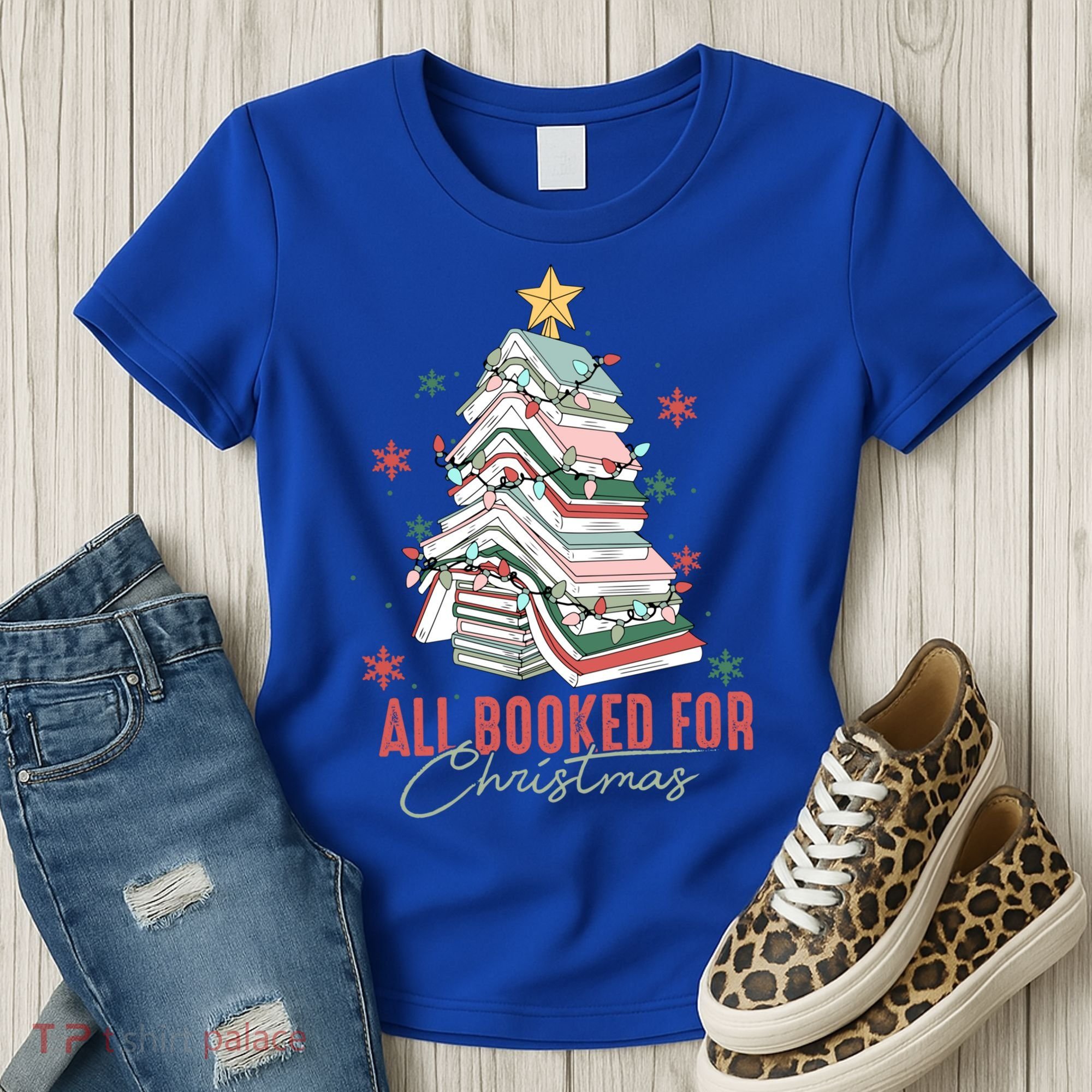 All Booked For Christmas Book Tree Christmas Xmas Lights Gift Women's T-Shirt