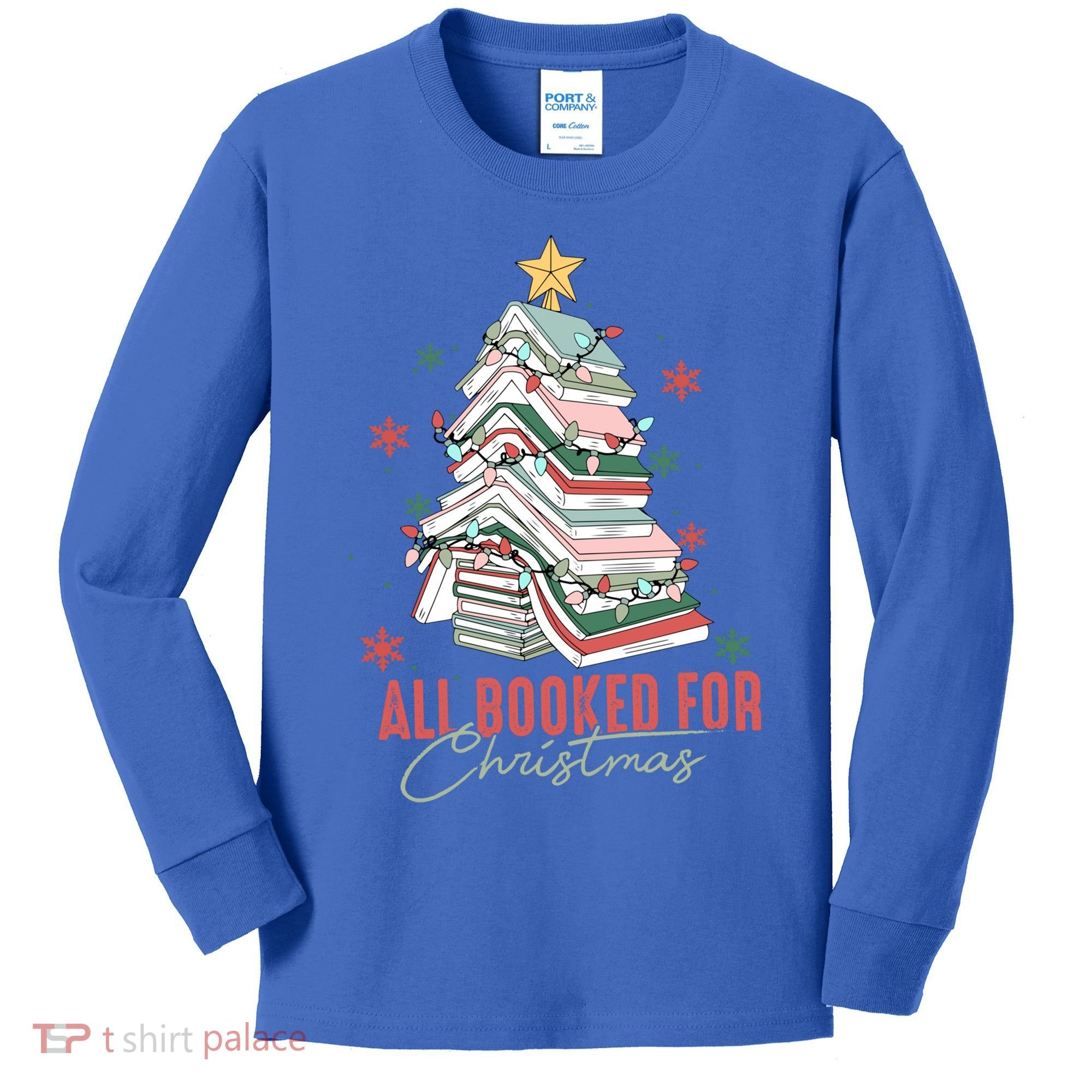 All Booked For Christmas Book Tree Christmas Xmas Lights Gift Kids Long Sleeve Shirt
