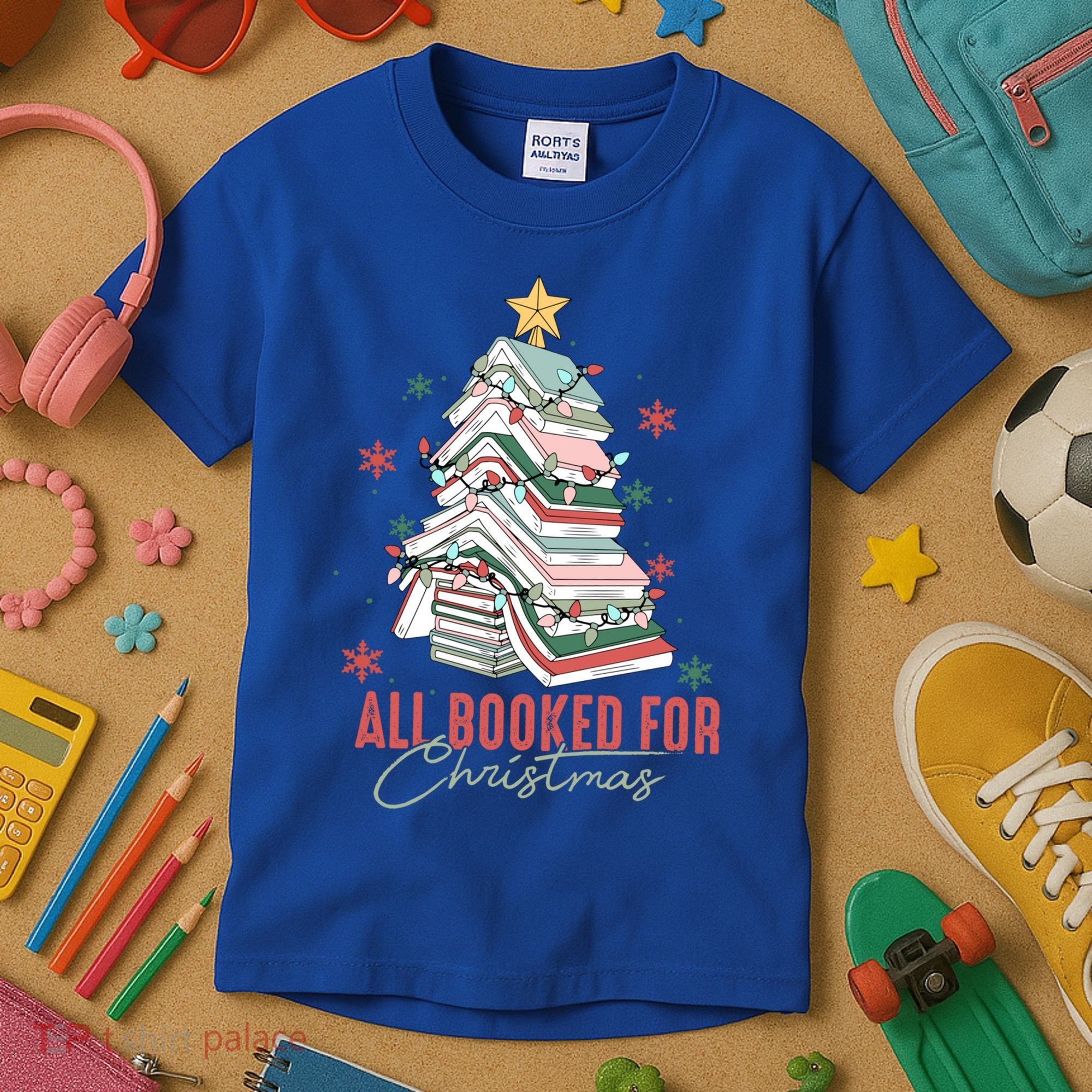 All Booked For Christmas Book Tree Christmas Xmas Lights Gift Kids T-Shirt