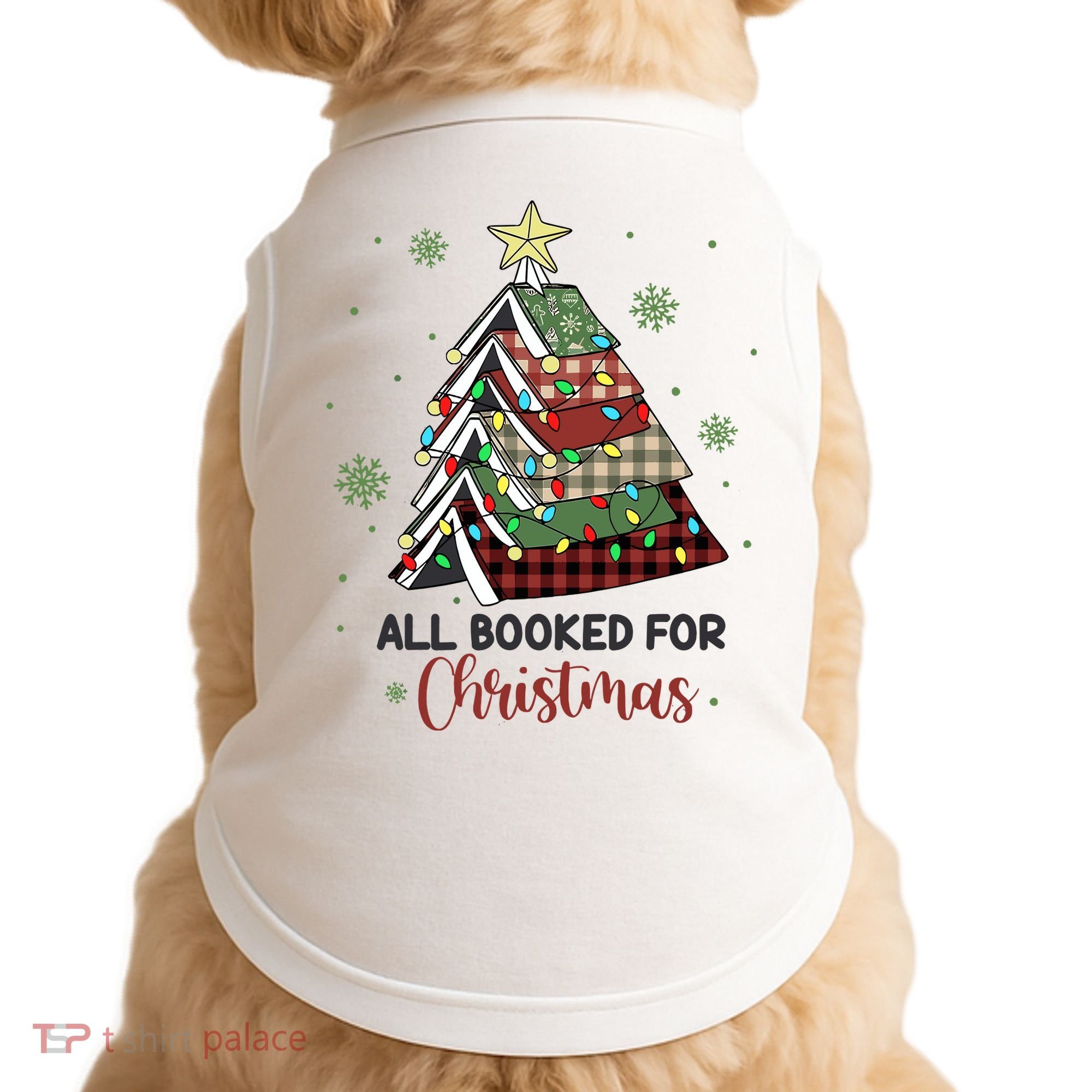 All Booked For Christmas Funny Christmas Book Tree Doggie Tank