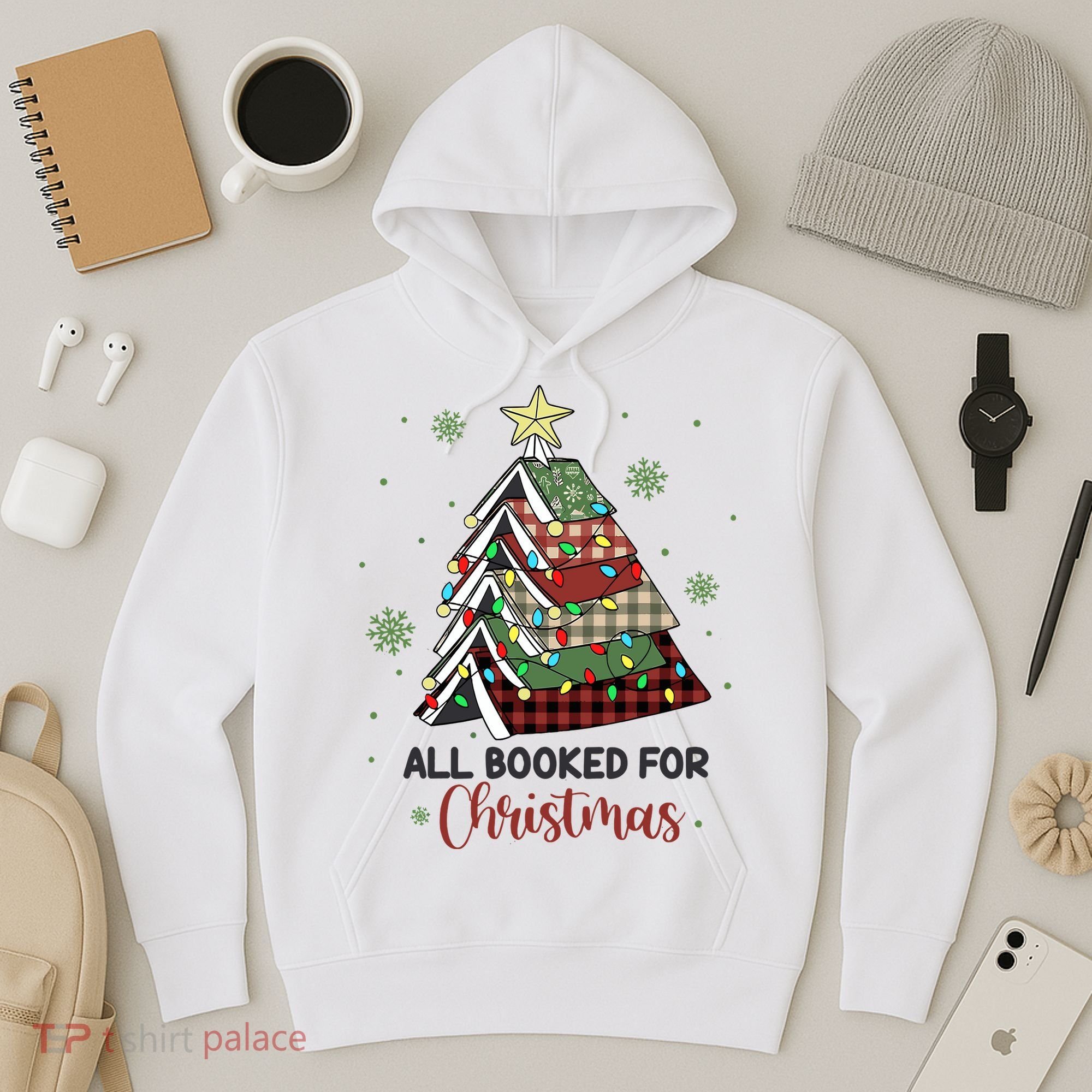 All Booked For Christmas Funny Christmas Book Tree Hoodie