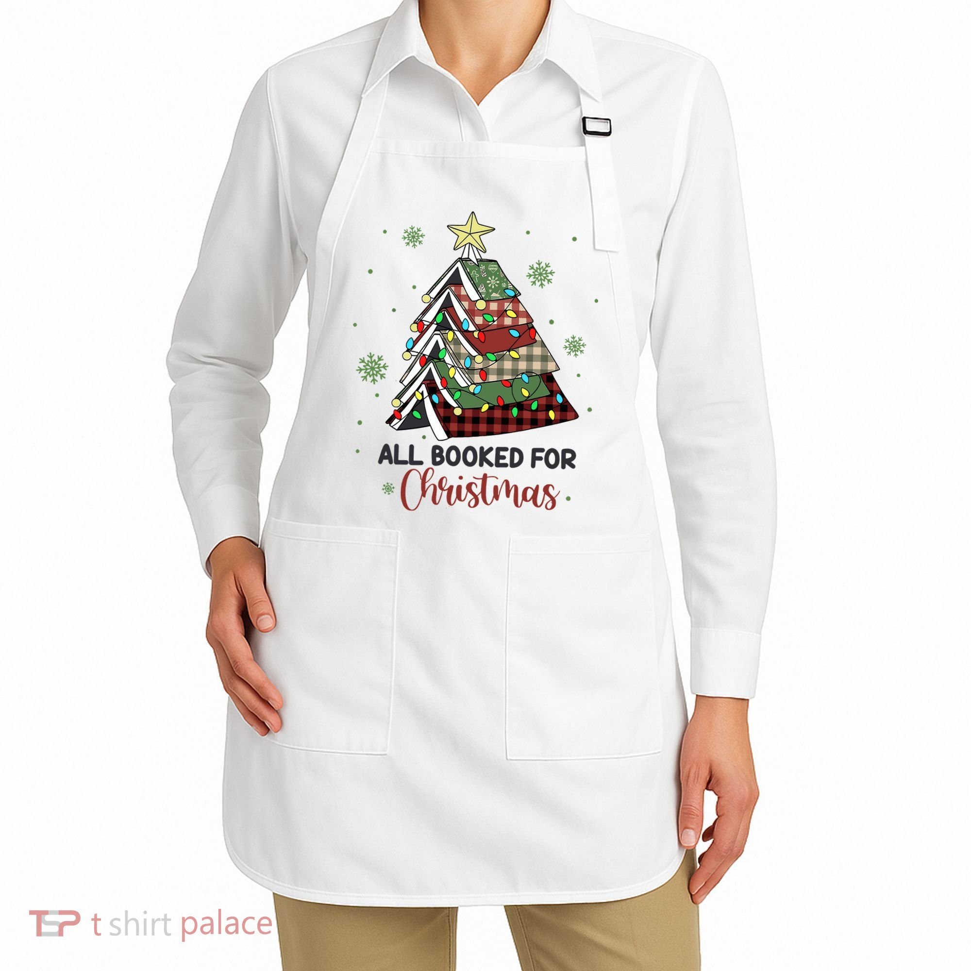 All Booked For Christmas Funny Christmas Book Tree Apron