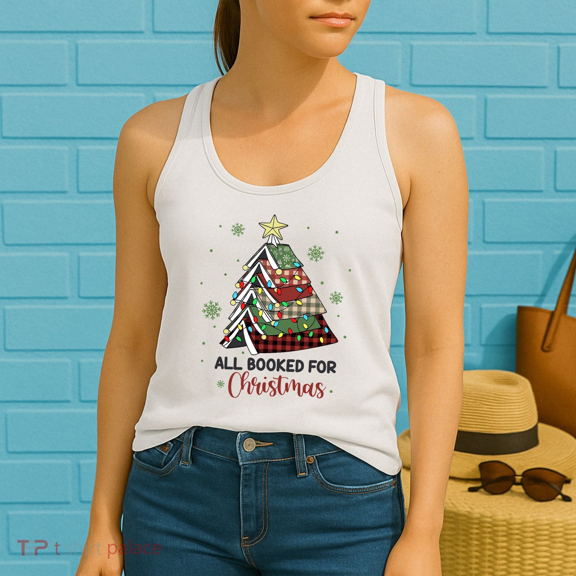All Booked For Christmas Funny Christmas Book Tree Women's Tank Top