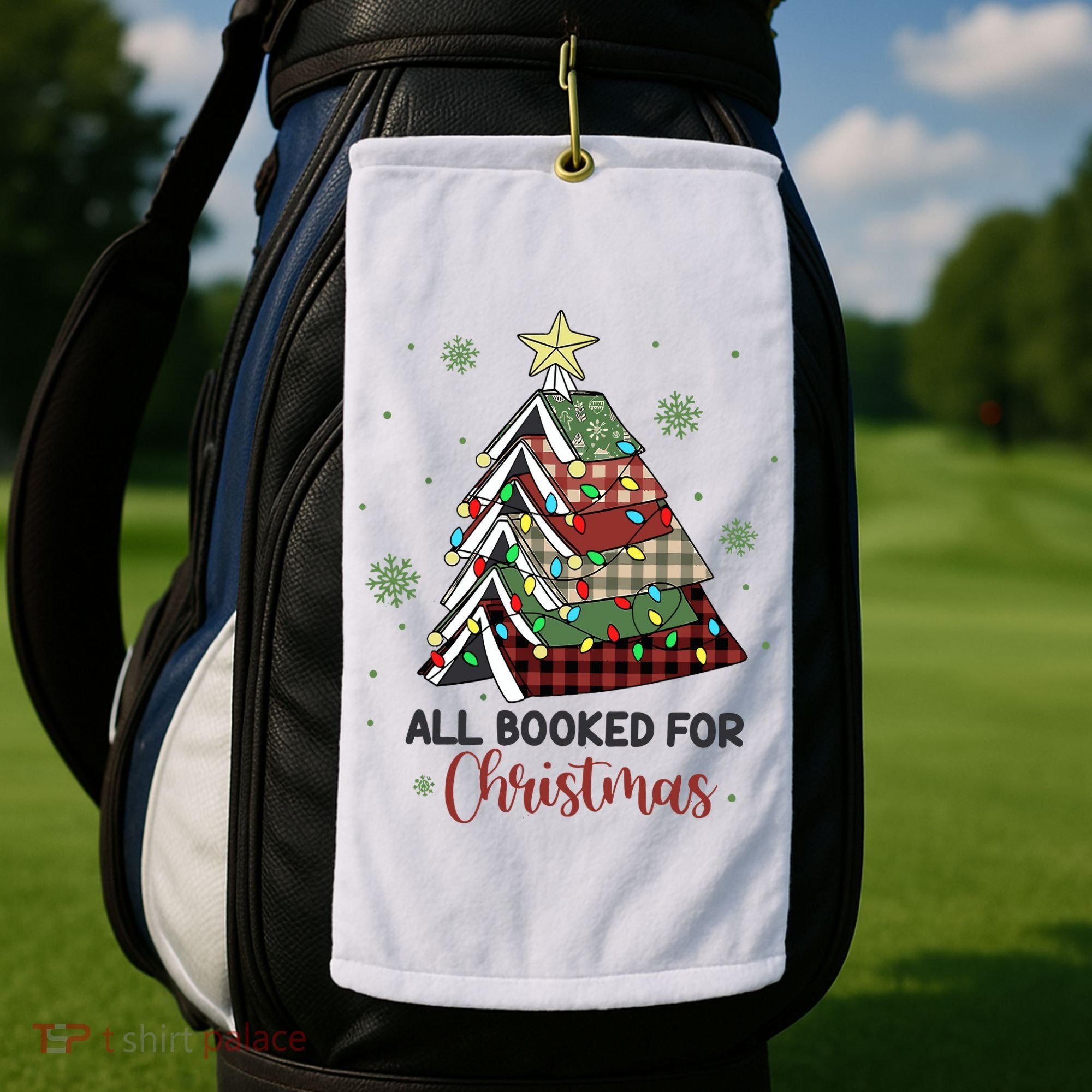 All Booked For Christmas Funny Christmas Book Tree Golf Towel