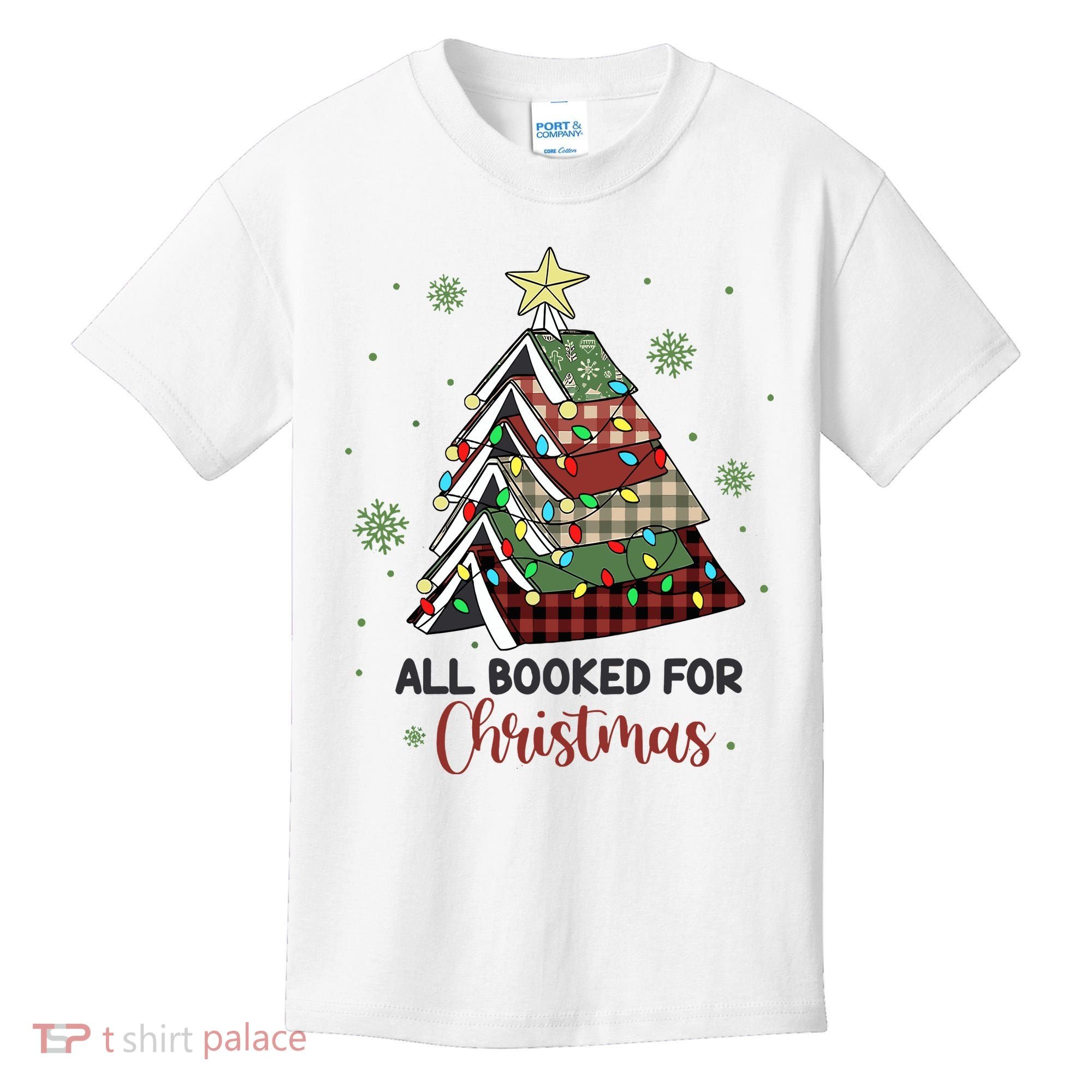 All Booked For Christmas Funny Christmas Book Tree Kids T-Shirt