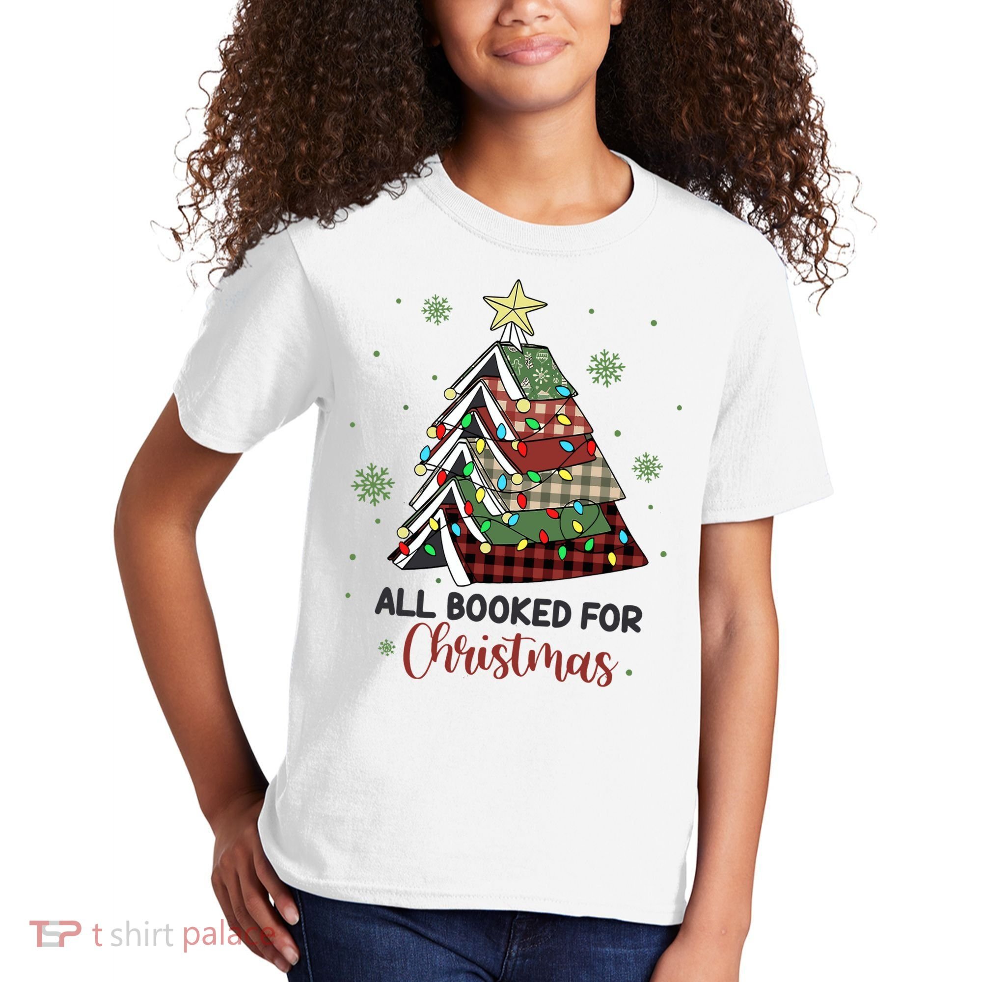 All Booked For Christmas Funny Christmas Book Tree Kids T-Shirt