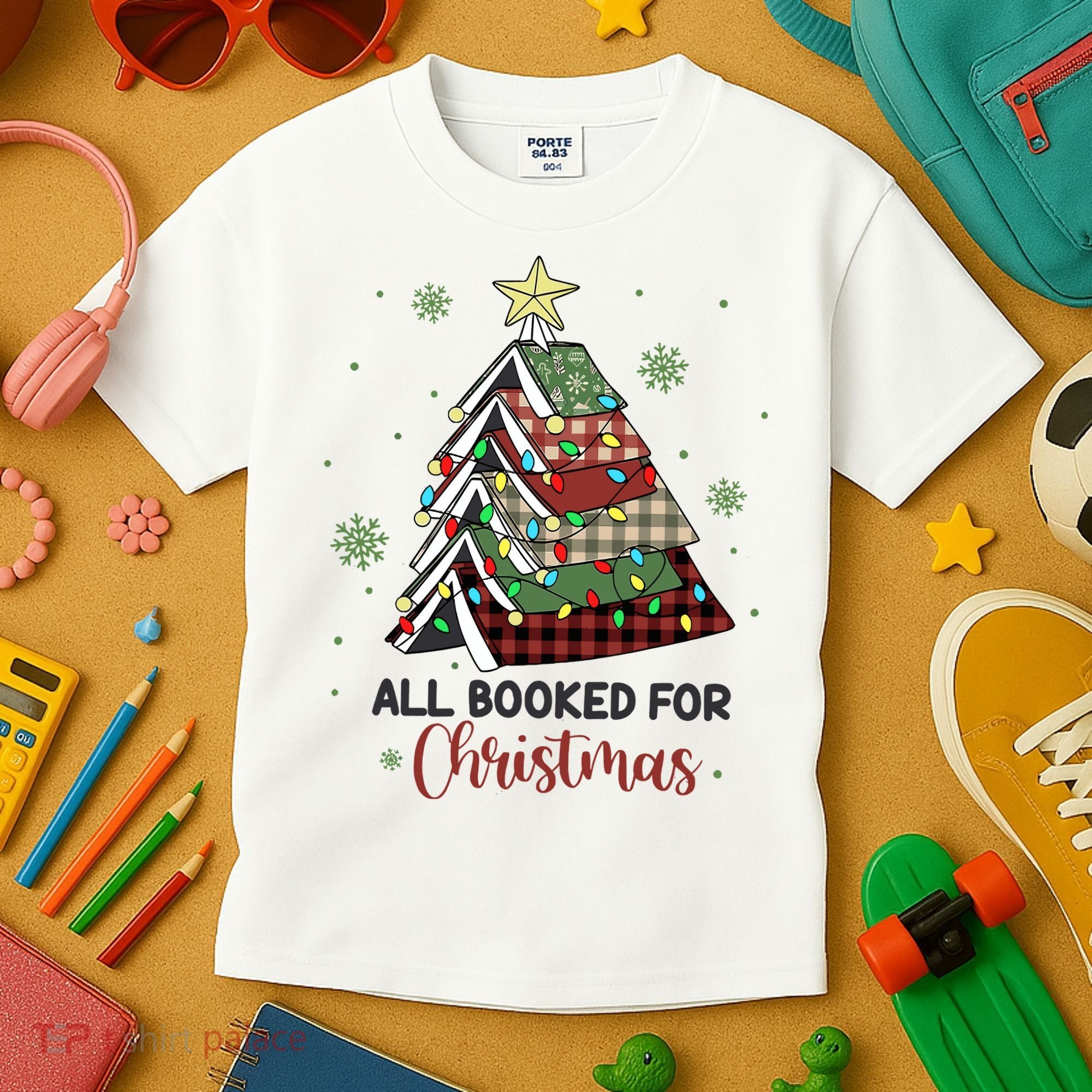 All Booked For Christmas Funny Christmas Book Tree Kids T-Shirt