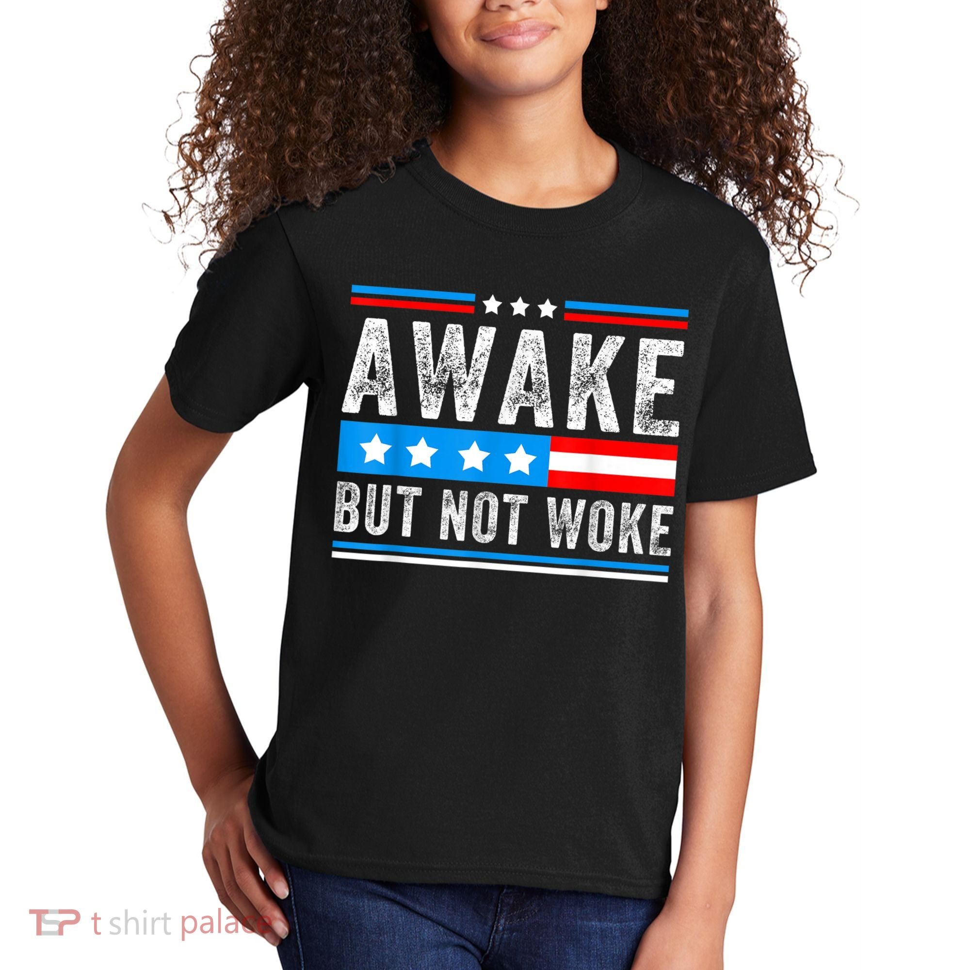 Awake But Not Woke Patriots American Flag Kids T-Shirt