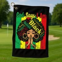 Awesome Black Natural Juneteenth God Says I Am Costume Golf Towel thumb 1