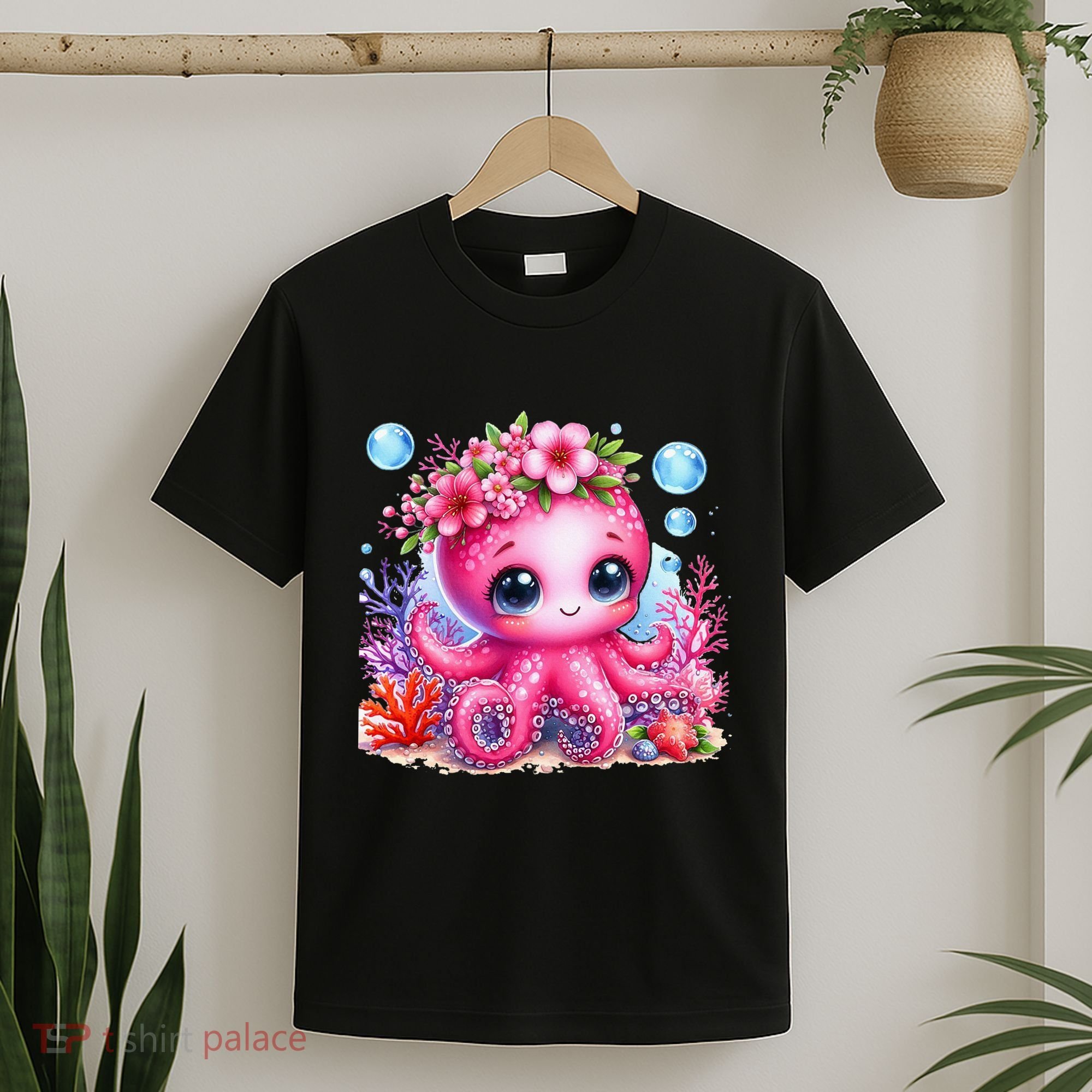 Adorable Baby Octopus Underwater Flower Coral Fish Ocean Sea T-Shirt