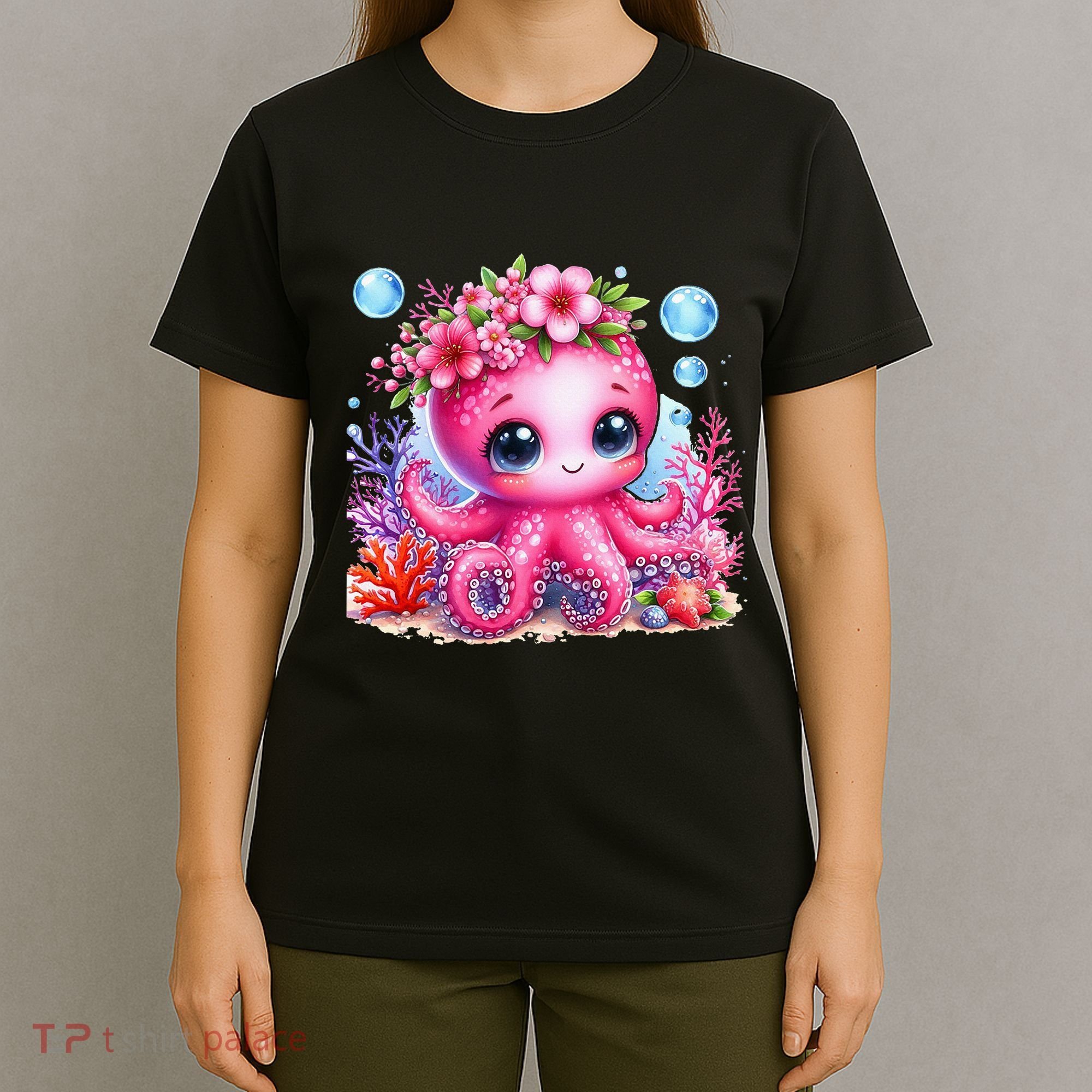 Adorable Baby Octopus Underwater Flower Coral Fish Ocean Sea T-Shirt