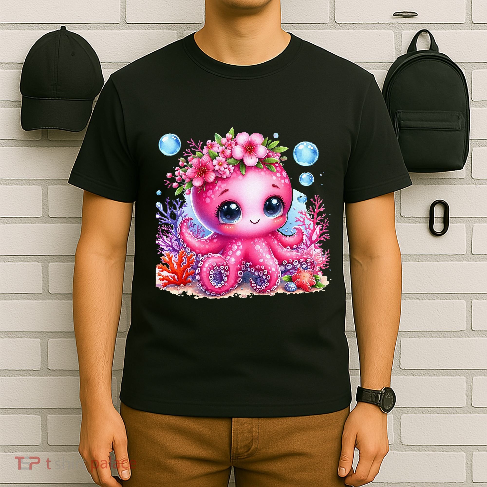 Adorable Baby Octopus Underwater Flower Coral Fish Ocean Sea T-Shirt