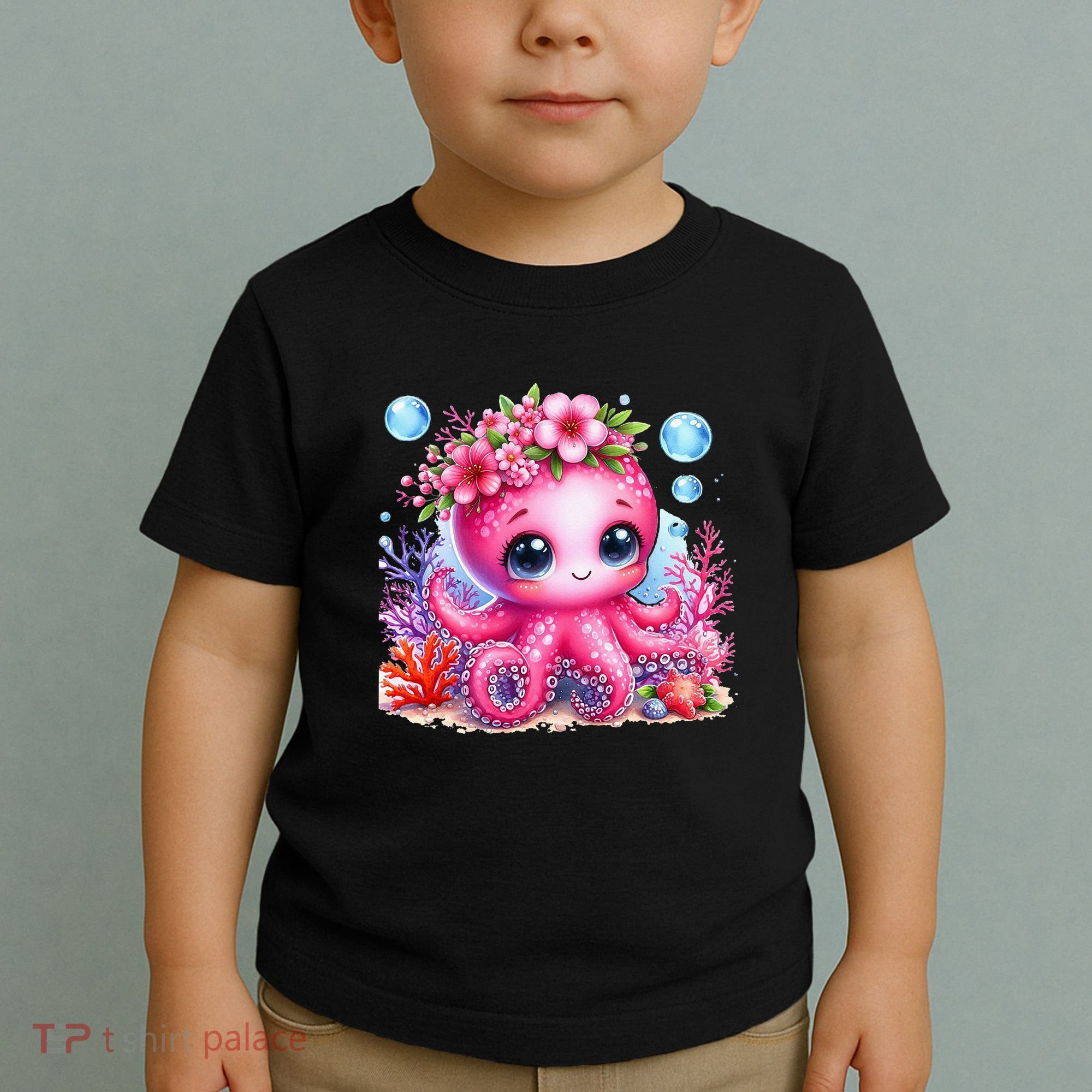 Adorable Baby Octopus Underwater Flower Coral Fish Ocean Sea Toddler T-Shirt