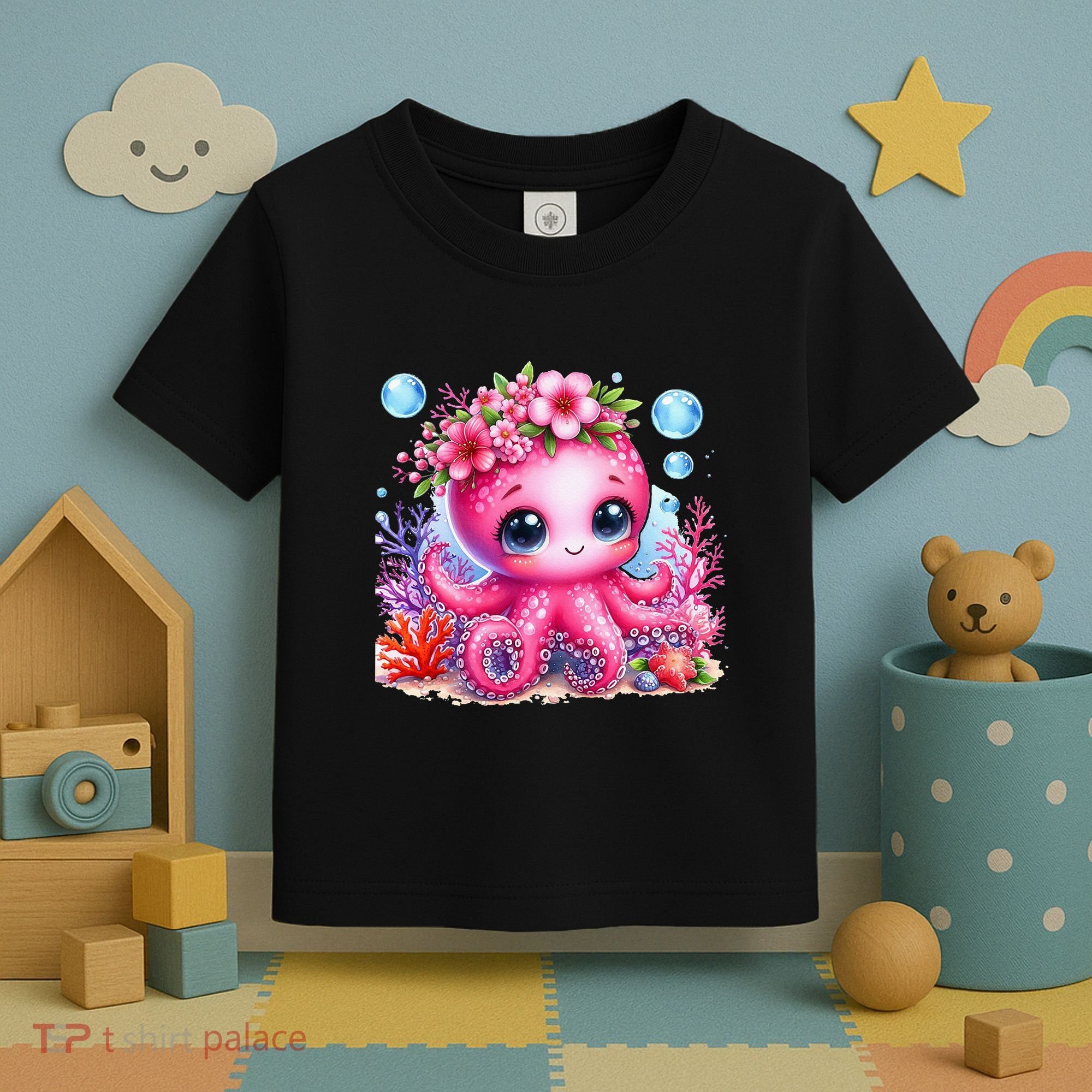 Adorable Baby Octopus Underwater Flower Coral Fish Ocean Sea Toddler T-Shirt