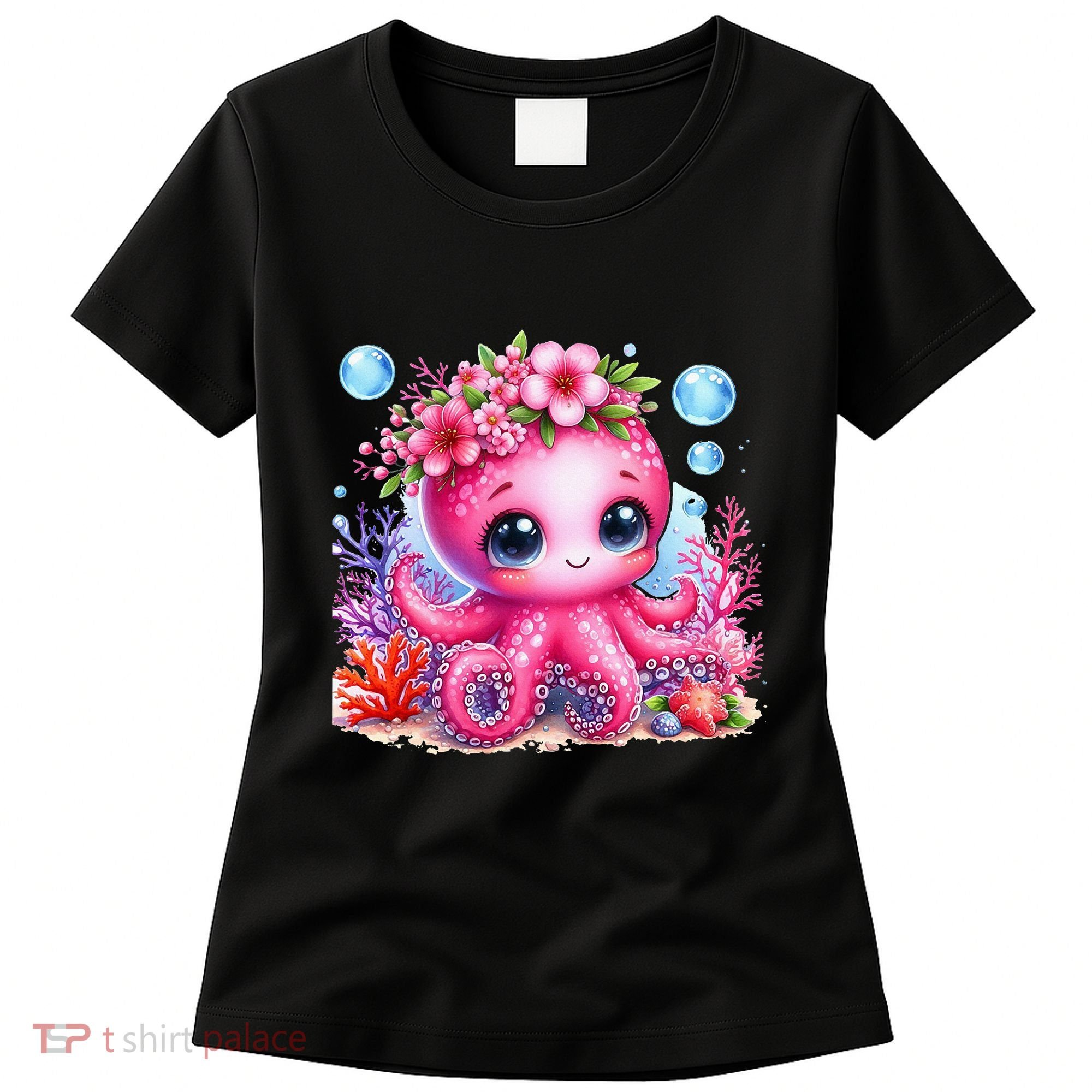 Adorable Baby Octopus Underwater Flower Coral Fish Ocean Sea Women's T-Shirt
