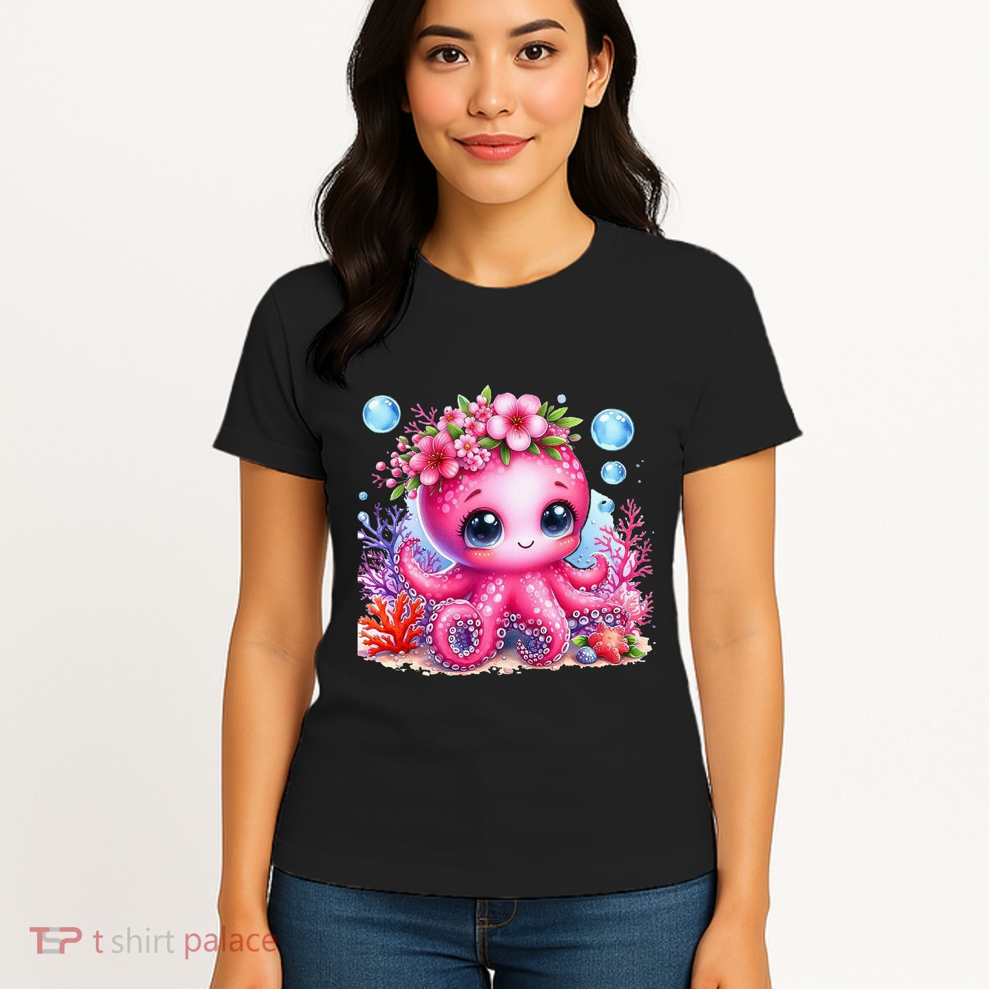 Adorable Baby Octopus Underwater Flower Coral Fish Ocean Sea Women's T-Shirt