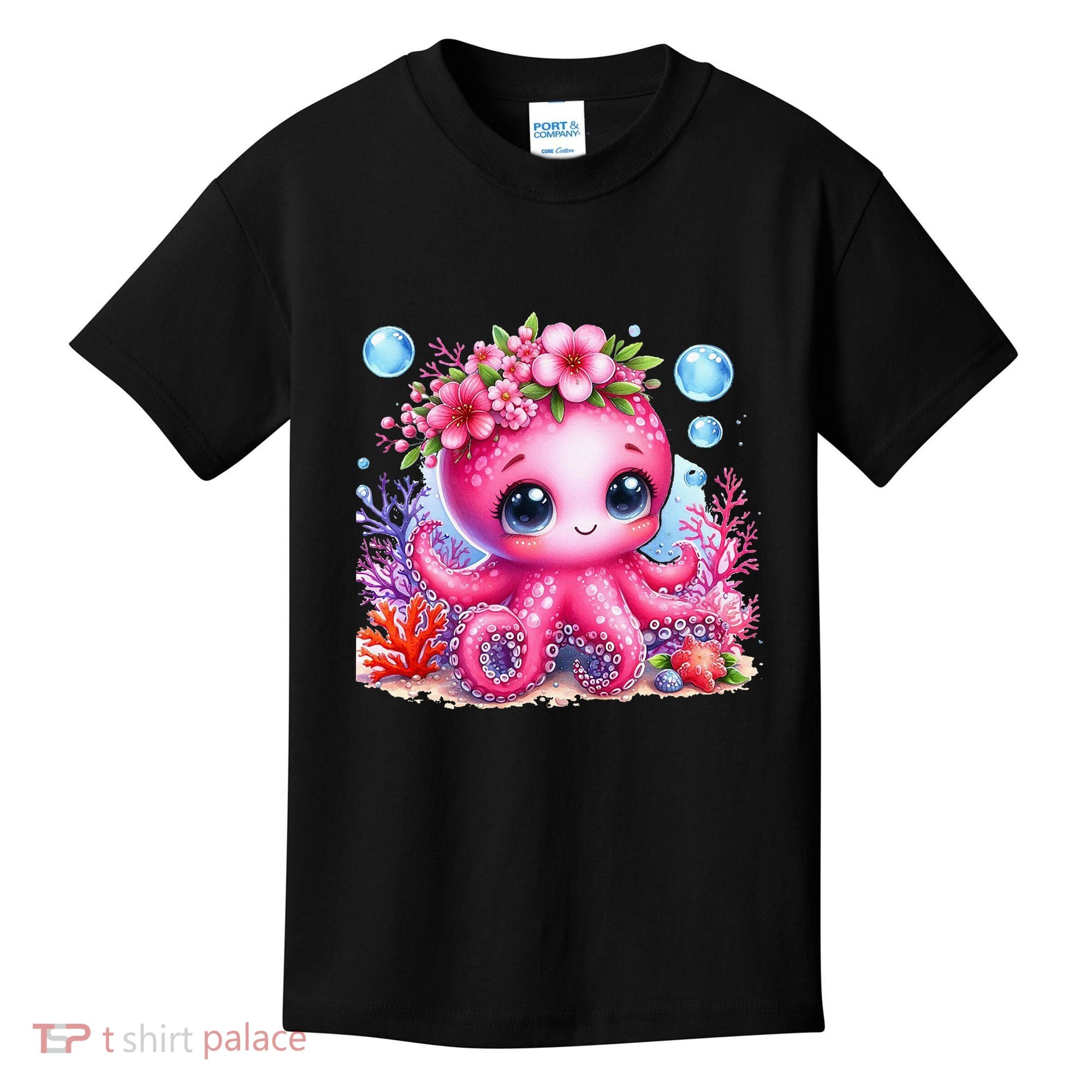 Adorable Baby Octopus Underwater Flower Coral Fish Ocean Sea Kids T-Shirt
