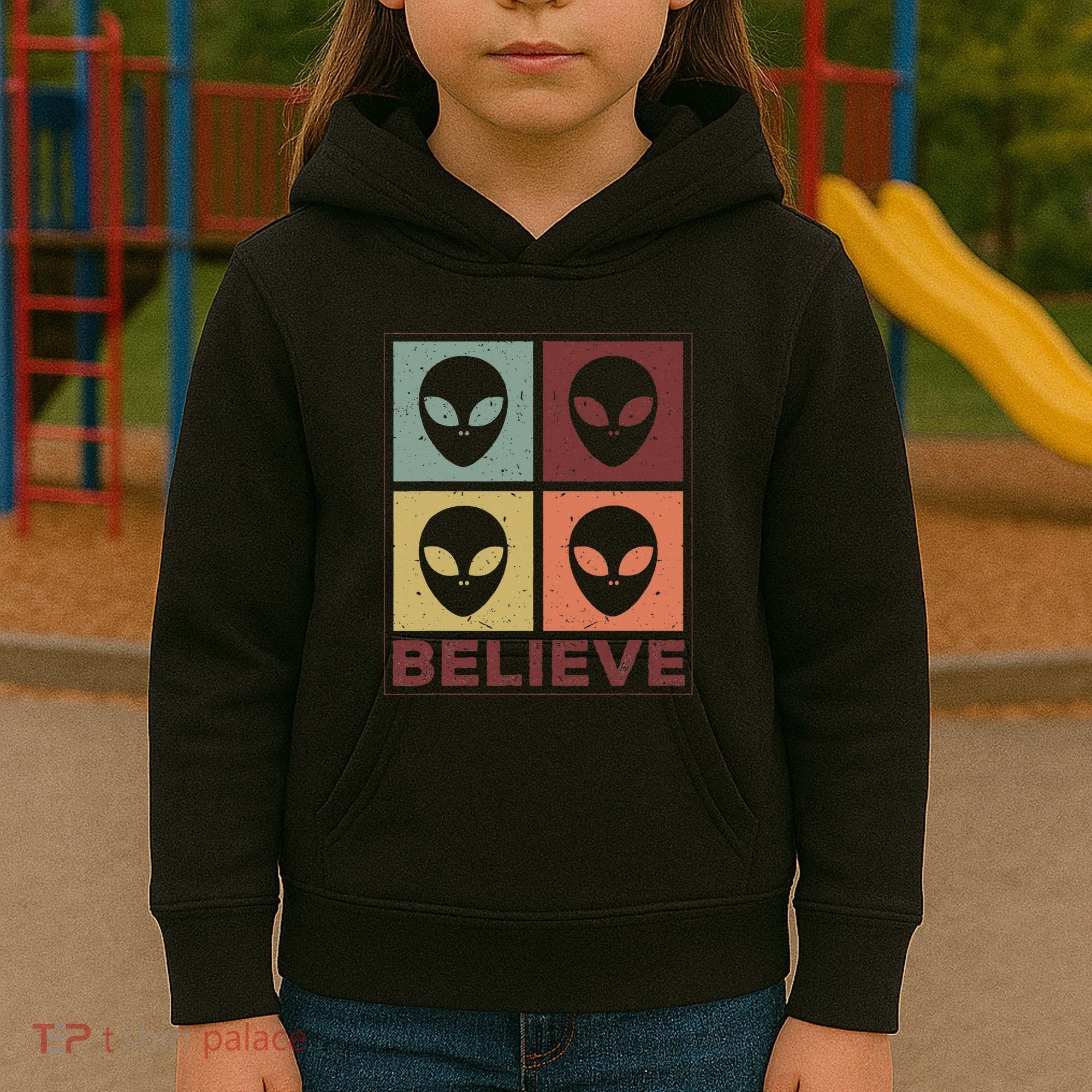 Alien Believe Retro Alien Gift For Alien Believer Kids Hoodie
