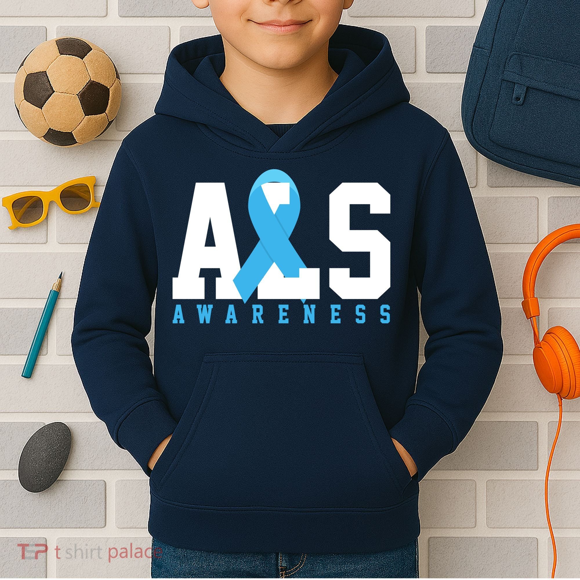 Als Blue Ribbon Awareness Kids Hoodie