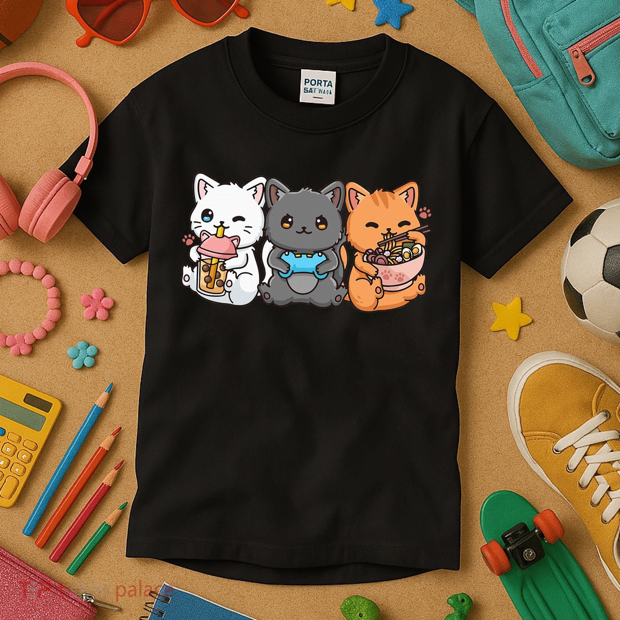 Anime Boba Tea Bubble Tea Gaming Gamer Ramen Cat Kids T-Shirt