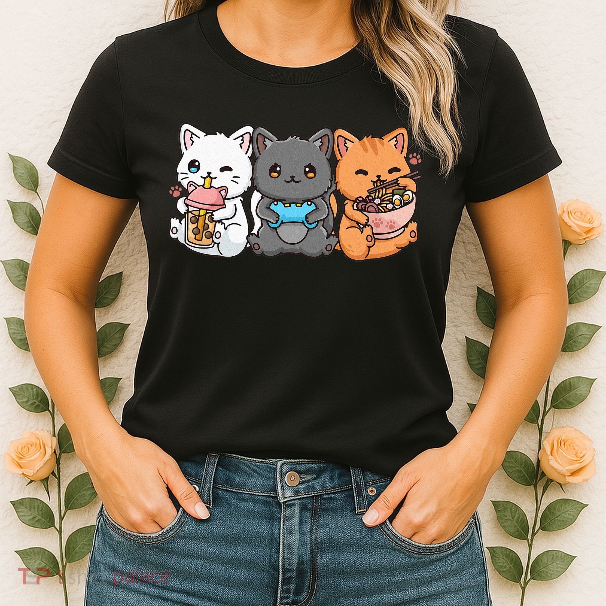 Anime Boba Tea Bubble Tea Gaming Gamer Ramen Cat Women's T-Shirt
