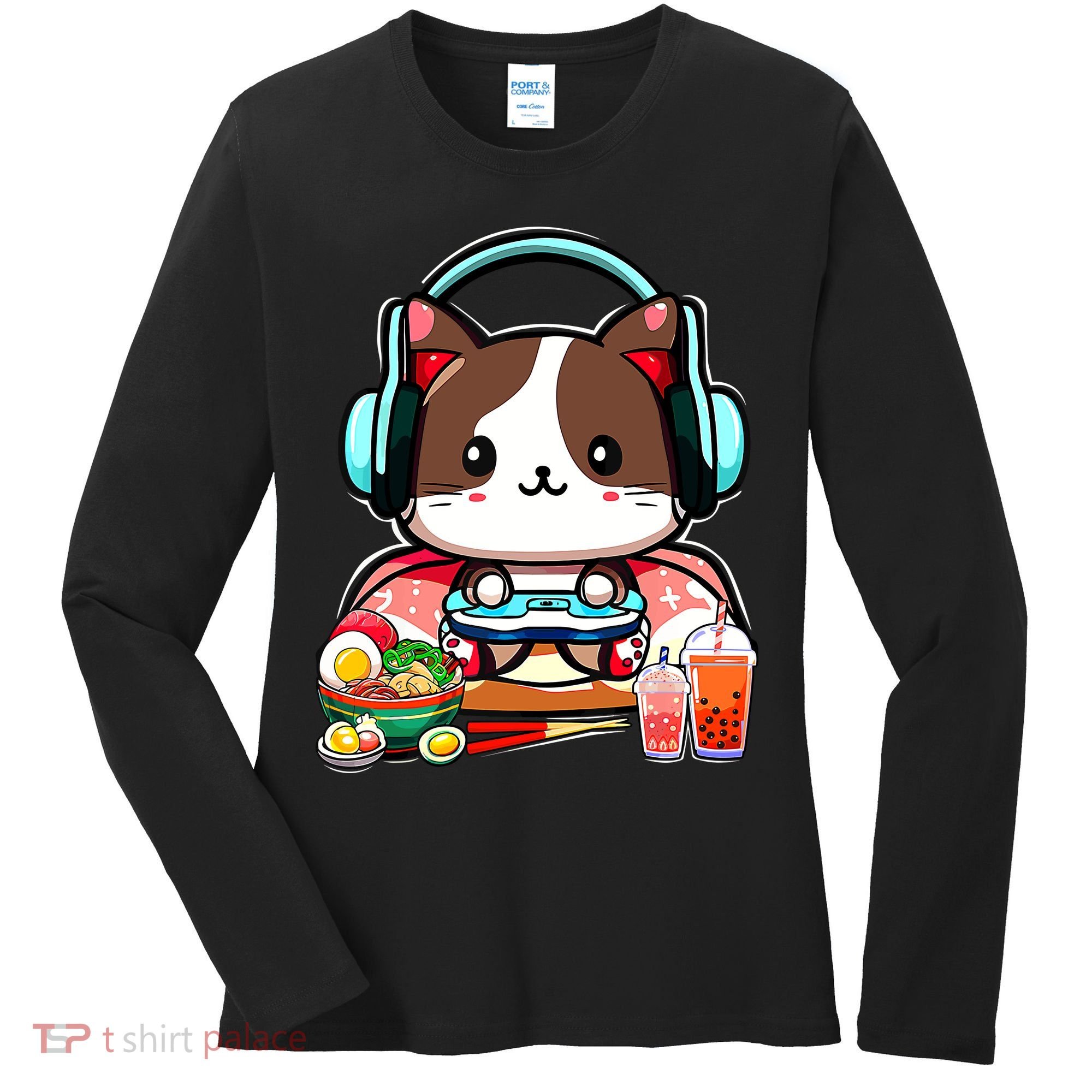 Anime Boba Tea Bubble Tea Gaming Gamer Ramen Cat Women's Long Sleeve Shirt