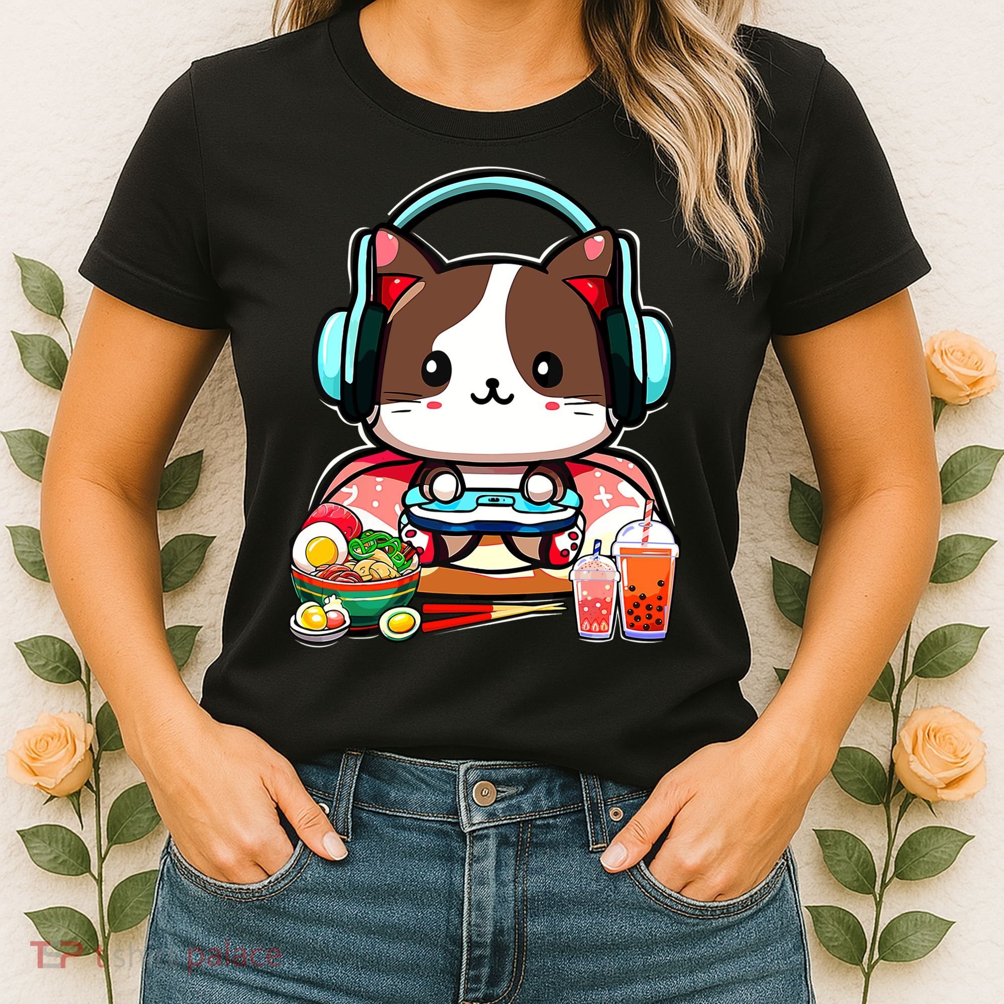 Anime Boba Tea Bubble Tea Gaming Gamer Ramen Cat Women's T-Shirt