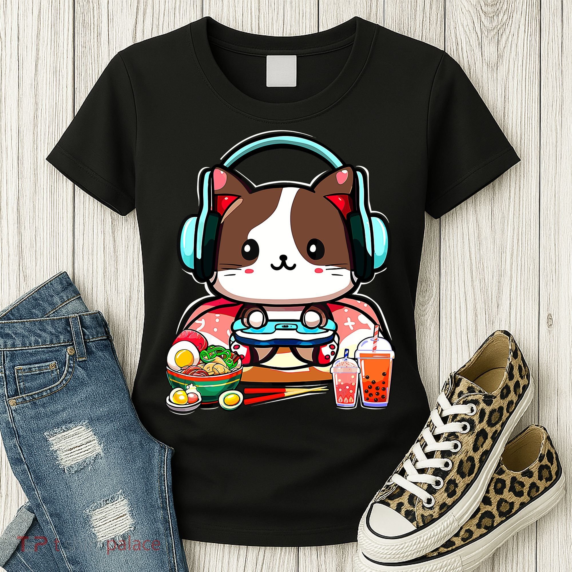 Anime Boba Tea Bubble Tea Gaming Gamer Ramen Cat Women's T-Shirt