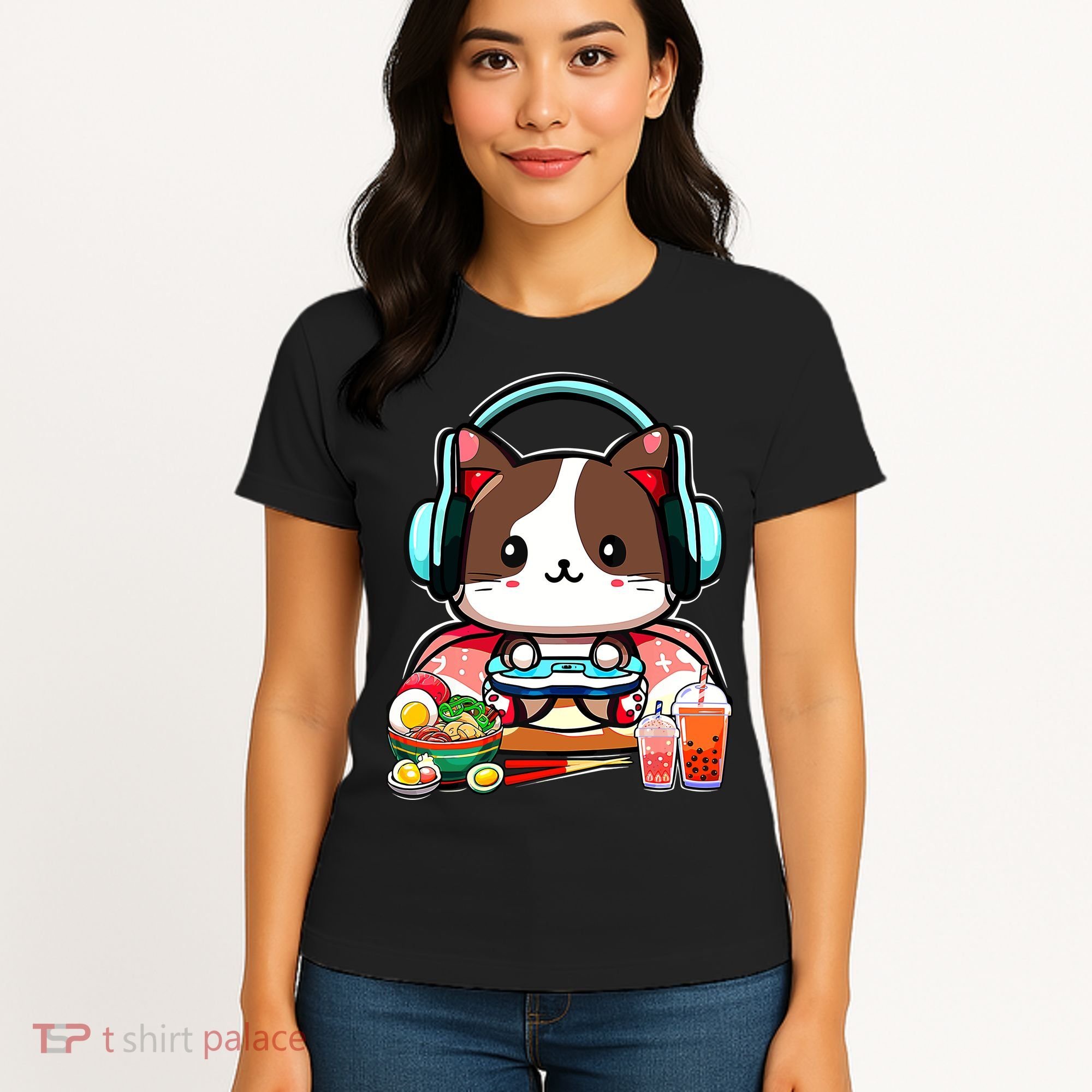 Anime Boba Tea Bubble Tea Gaming Gamer Ramen Cat Women's T-Shirt