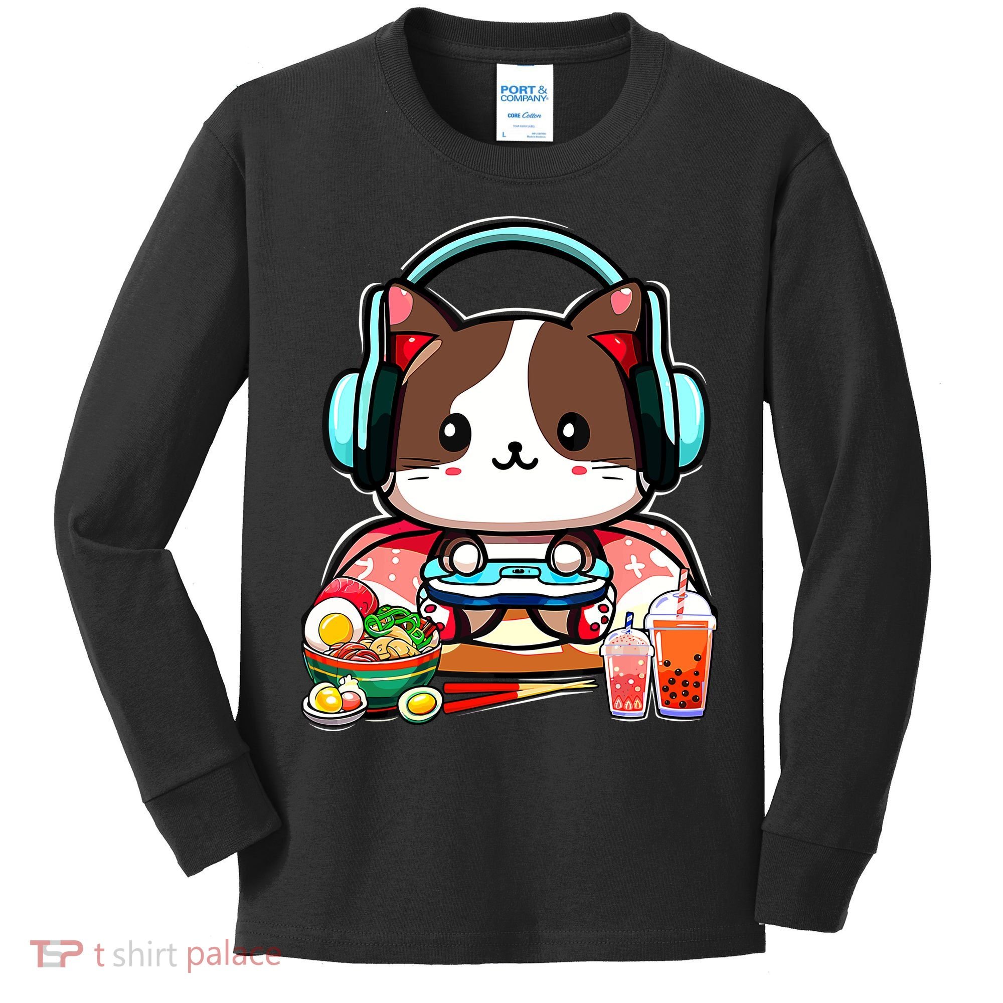 Anime Boba Tea Bubble Tea Gaming Gamer Ramen Cat Kids Long Sleeve Shirt
