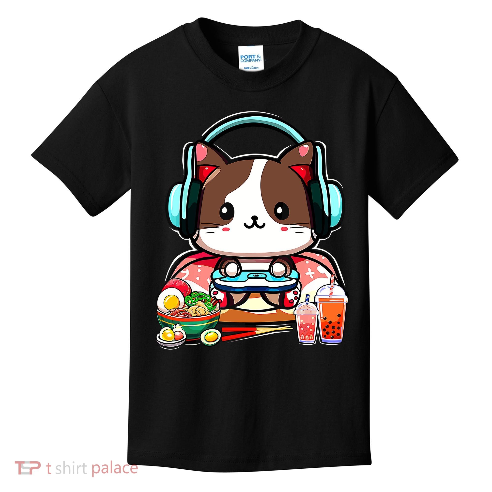 Anime Boba Tea Bubble Tea Gaming Gamer Ramen Cat Kids T-Shirt