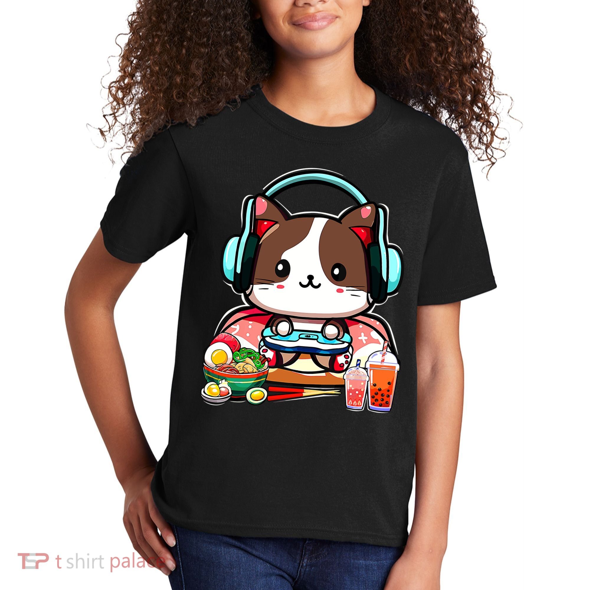 Anime Boba Tea Bubble Tea Gaming Gamer Ramen Cat Kids T-Shirt