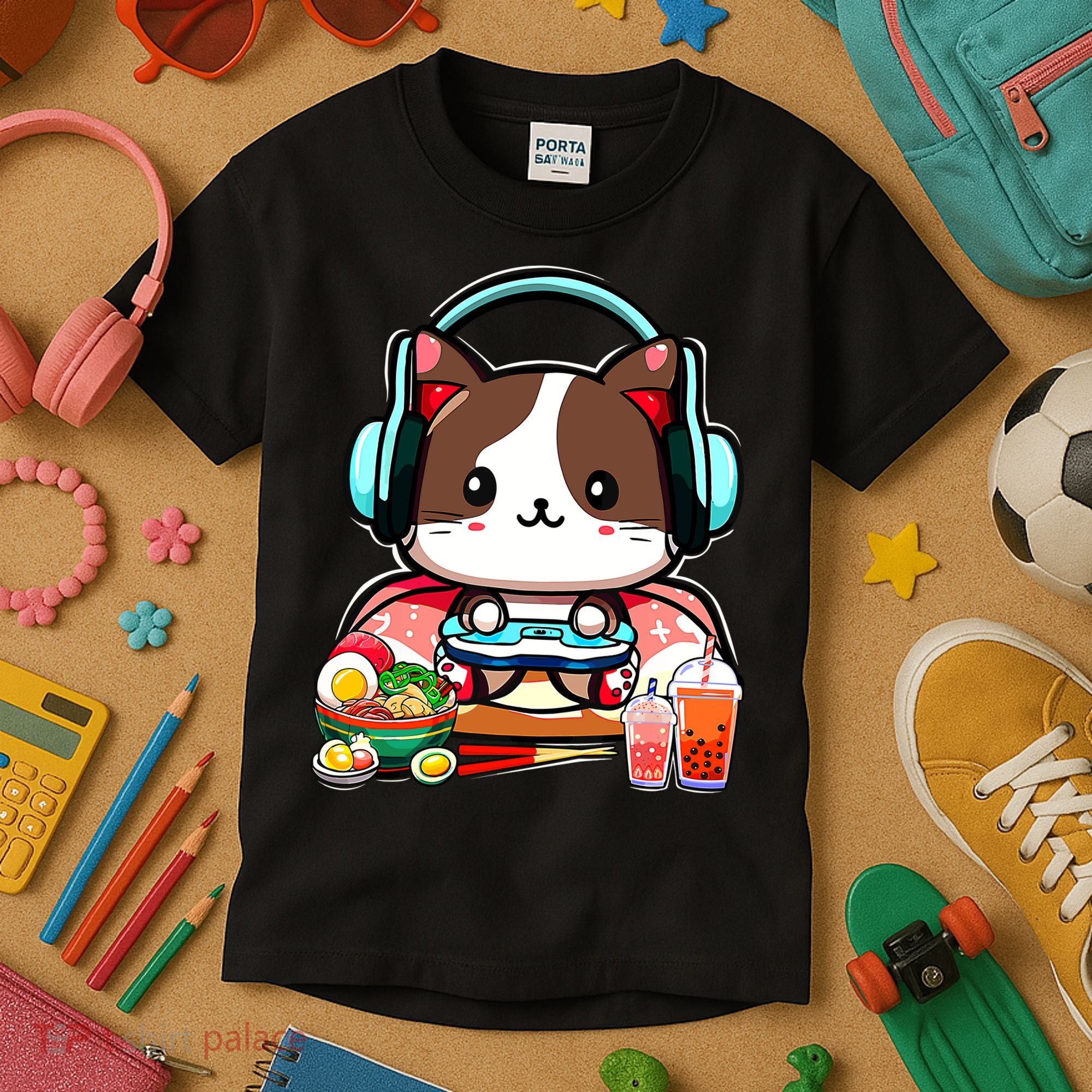 Anime Boba Tea Bubble Tea Gaming Gamer Ramen Cat Kids T-Shirt