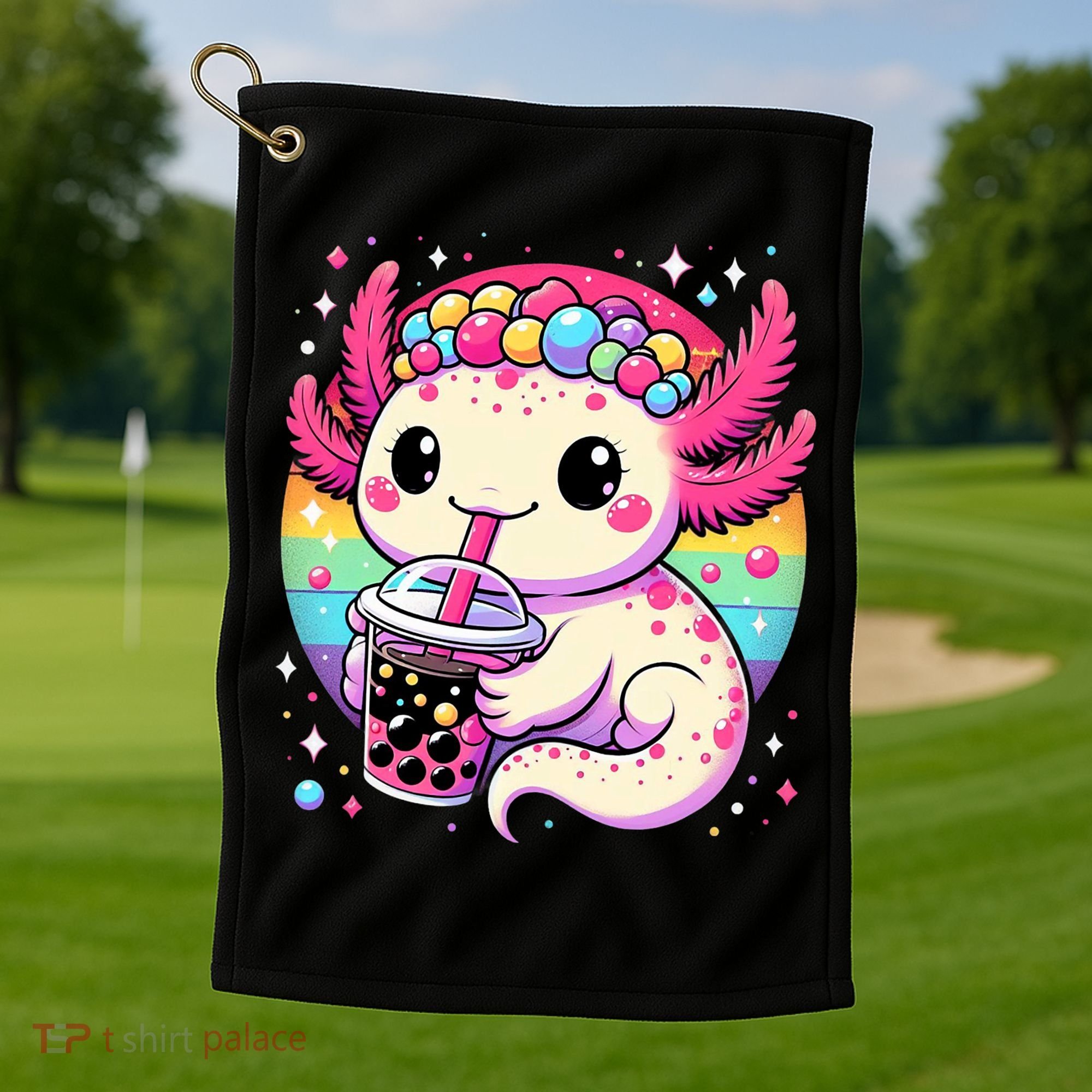 Axolotl Boba Tea Kawaii Neko Japanese Bubble Tea  Golf Towel
