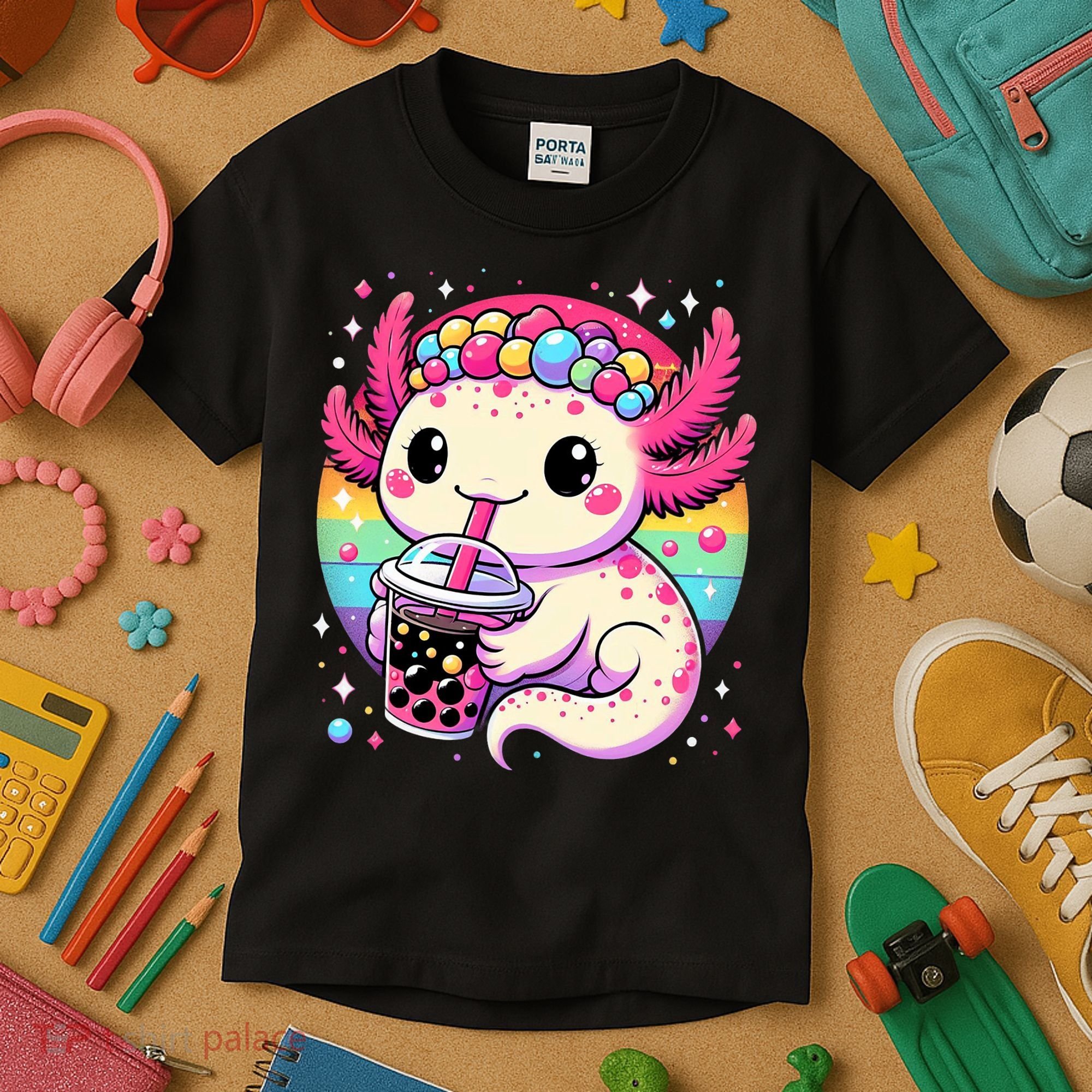 Axolotl Boba Tea Kawaii Neko Japanese Bubble Tea  Kids T-Shirt