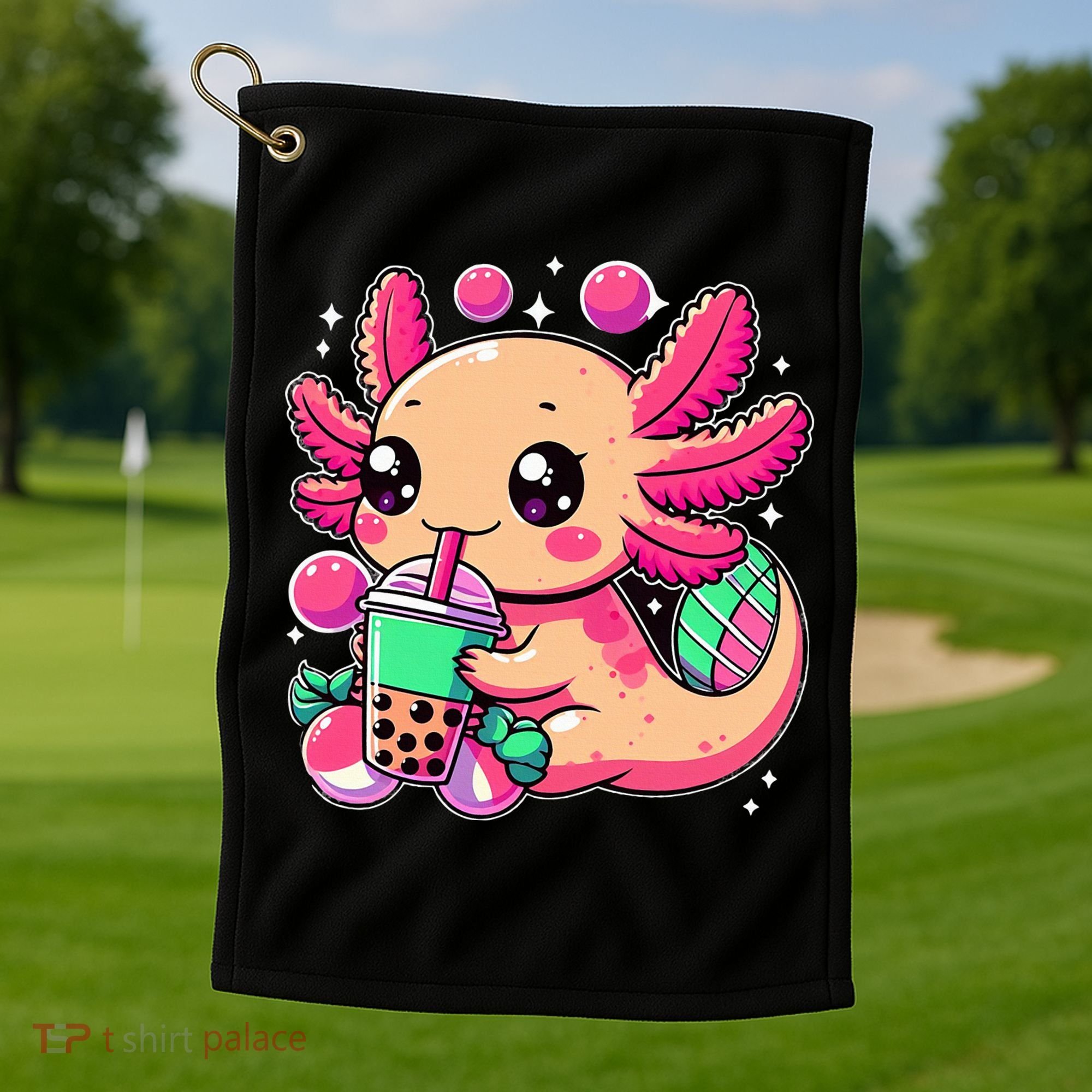 Axolotl Boba Tea Kawaii Neko Japanese Bubble Tea Golf Towel