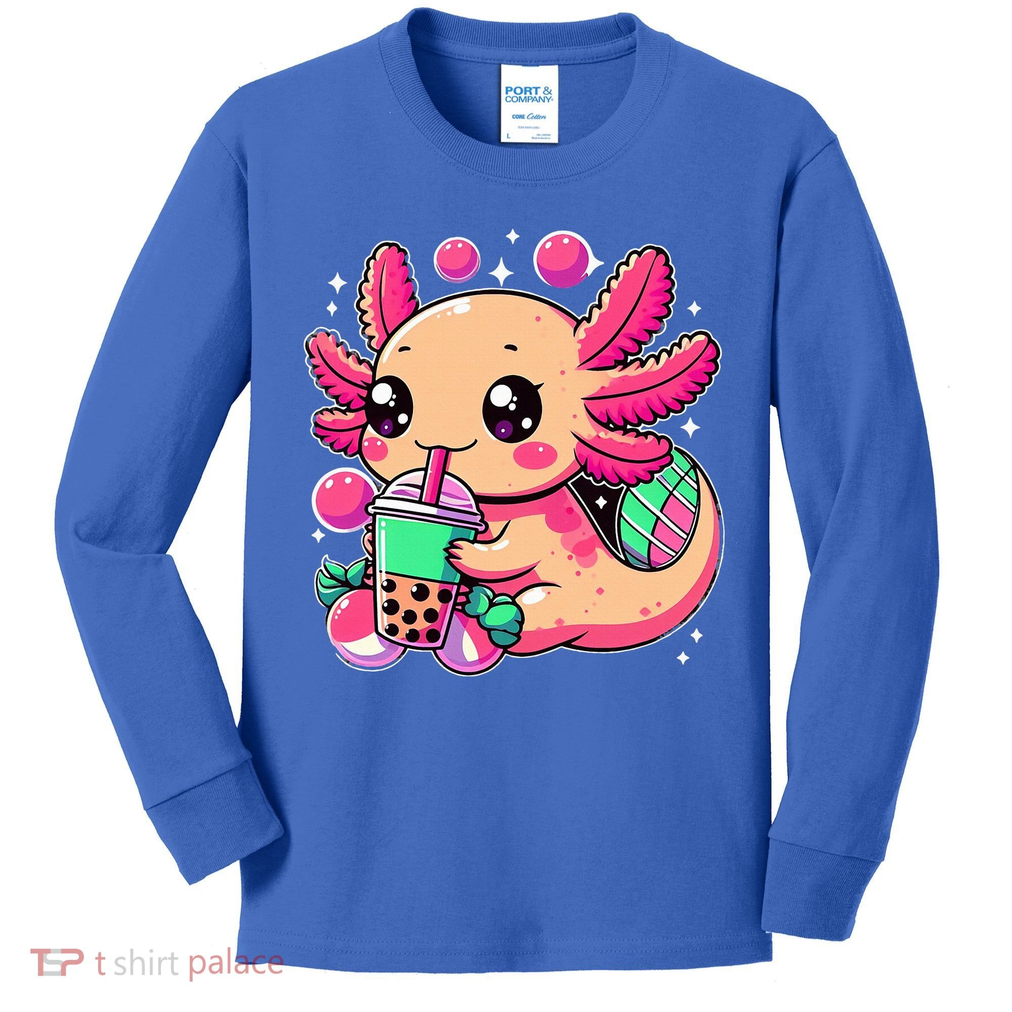 Axolotl Boba Tea Kawaii Neko Japanese Bubble Tea Kids Long Sleeve Shirt