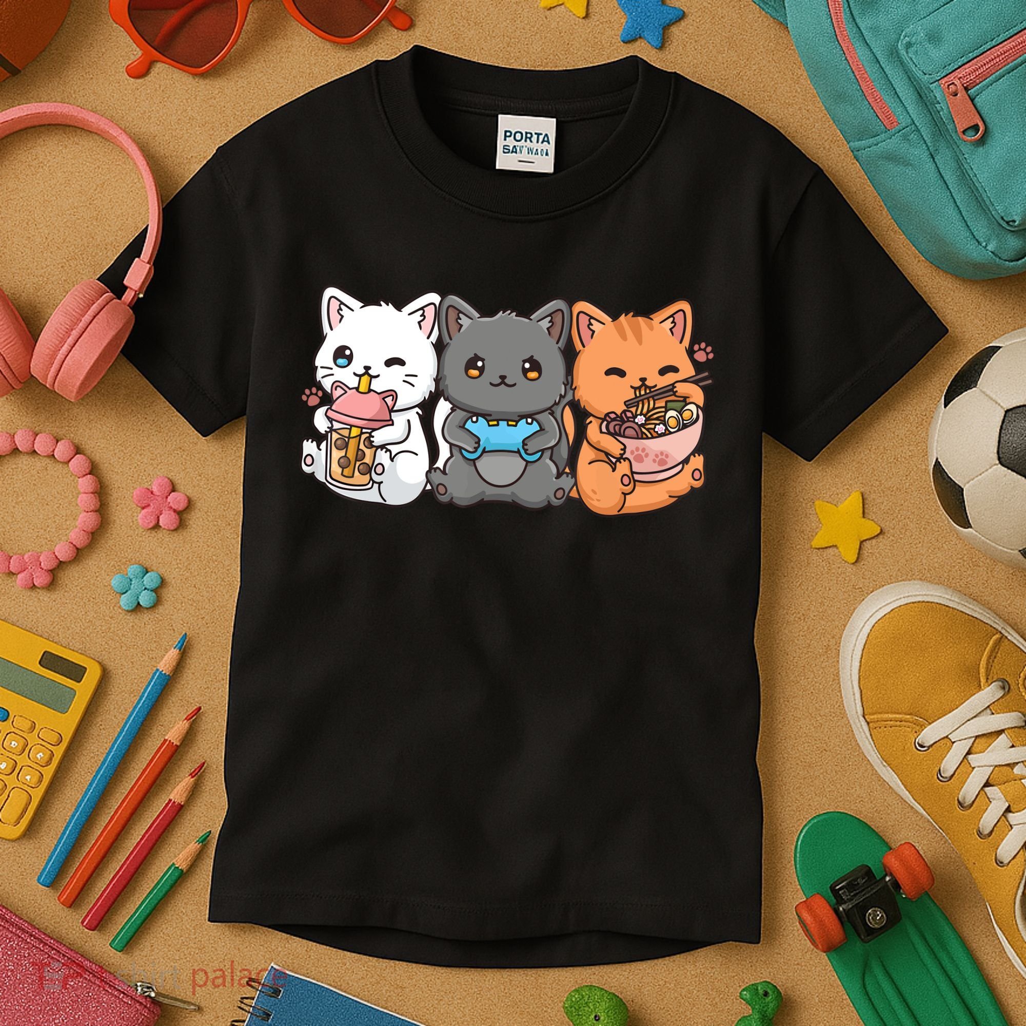 Anime Boba Tea Bubble Tea Gaming Gamer Ramen Cat Kids T-Shirt