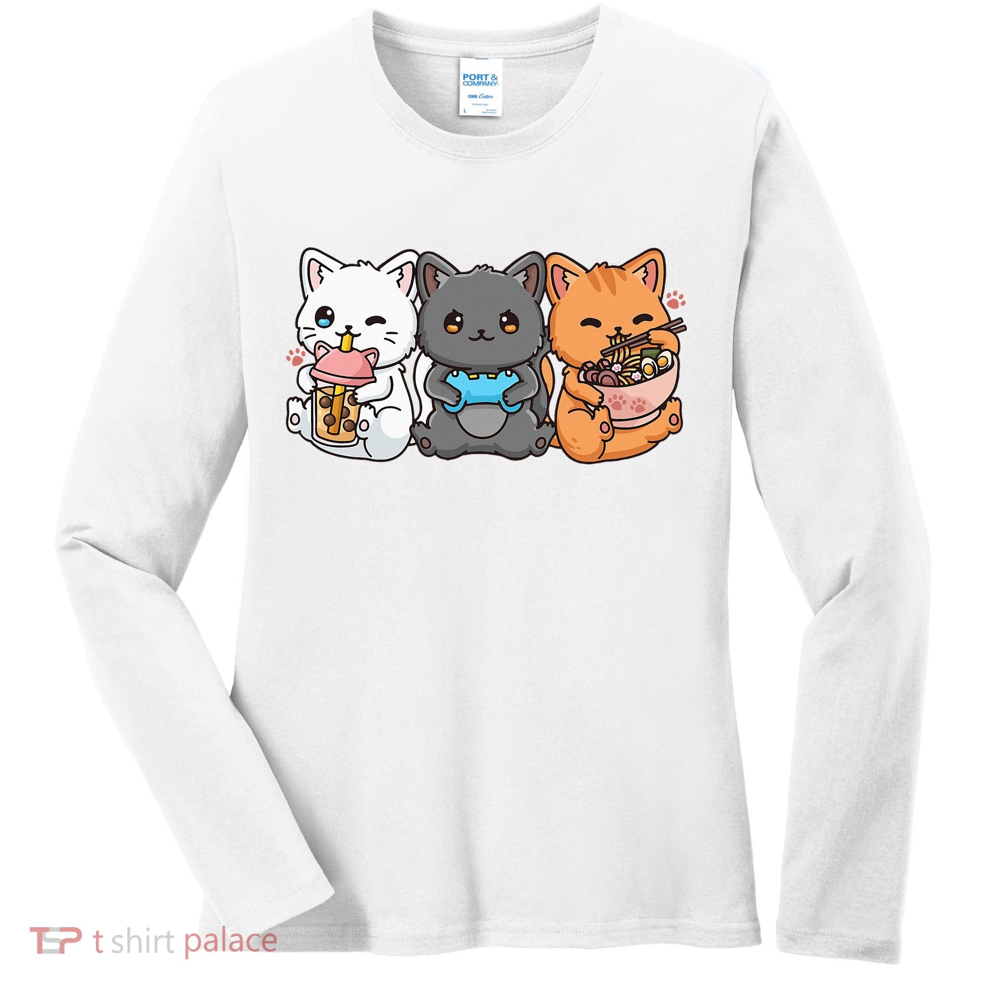 Anime Boba Tea Bubble Tea Gaming Gamer Ramen Cat Women's Long Sleeve Shirt