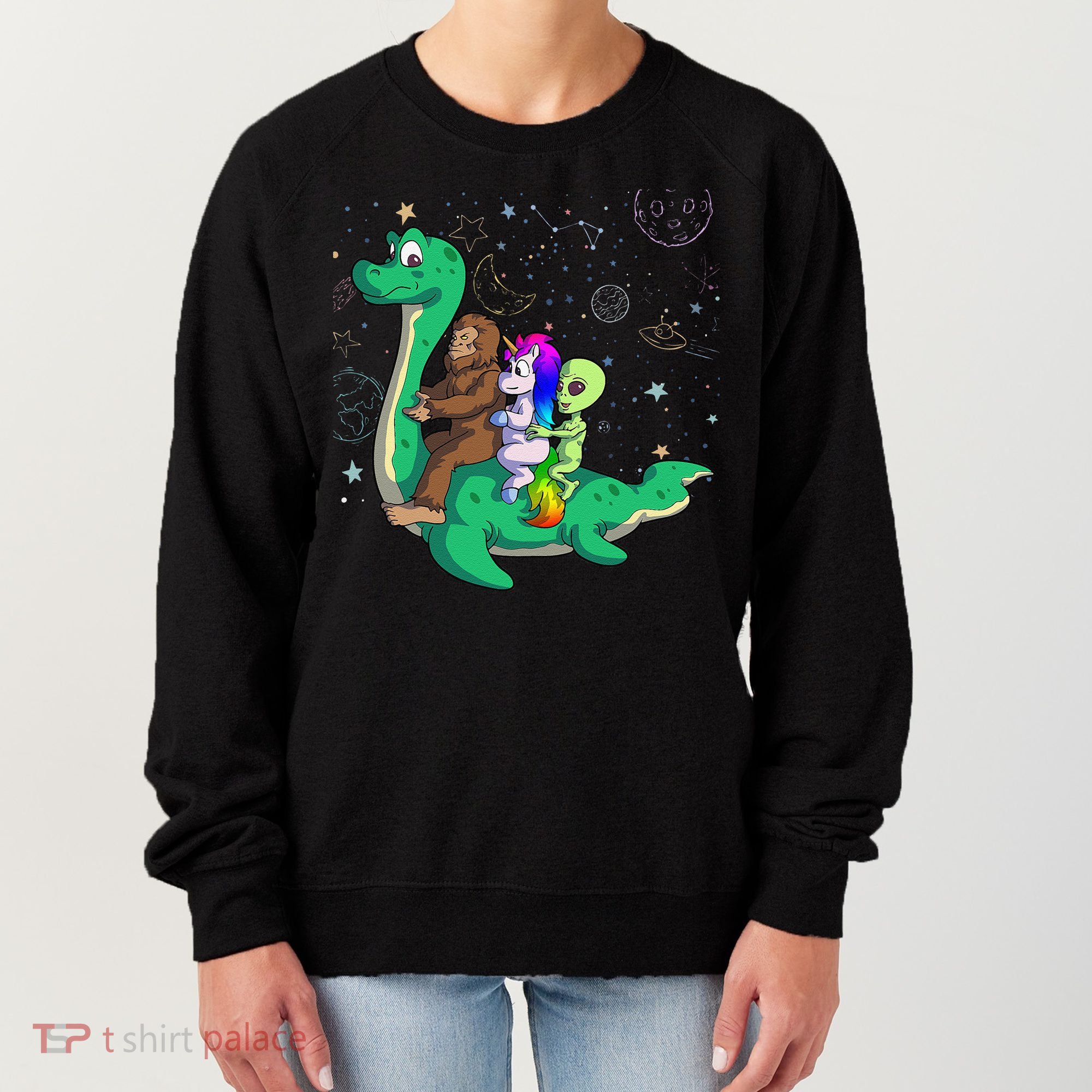 Alien Bigfoot Unicorn Riding Loch Ness Monster Halloween Women's Sweatshirt