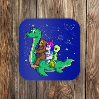 Alien Bigfoot Unicorn Riding Loch Ness Monster Halloween Coaster