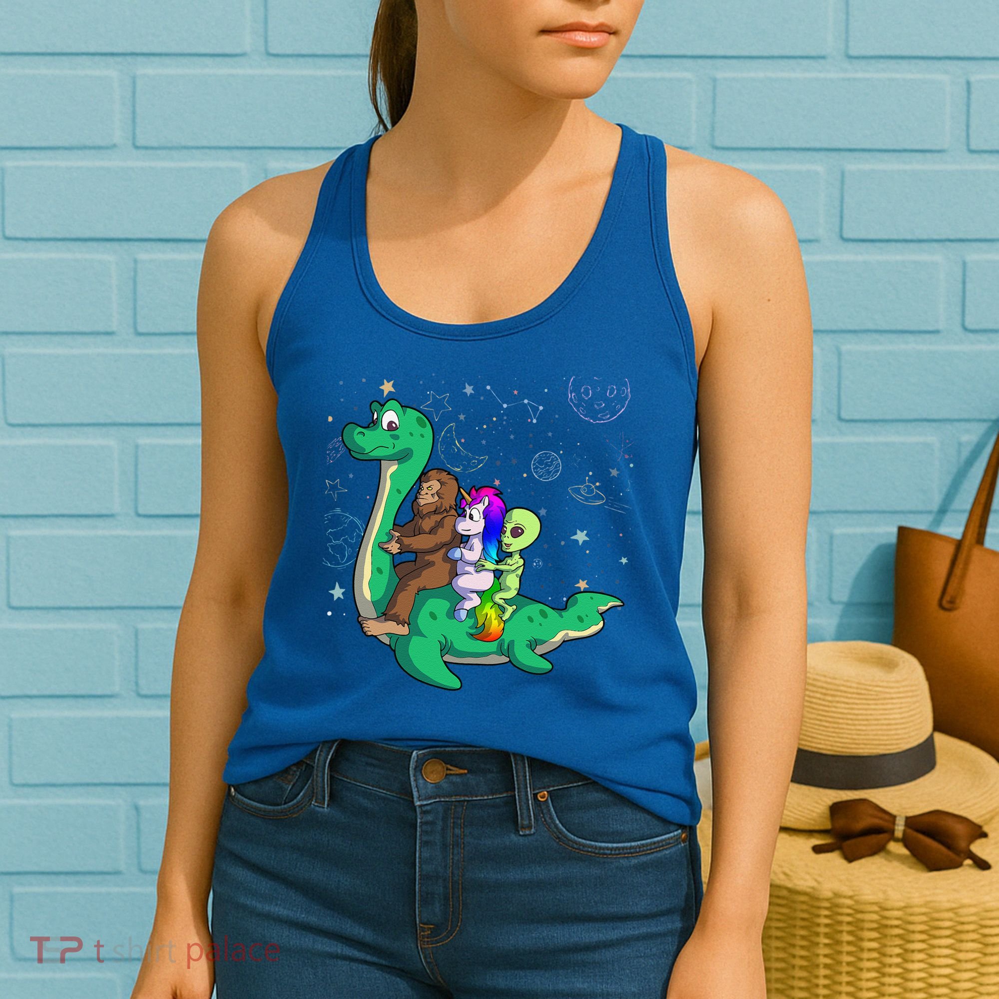 Alien Bigfoot Unicorn Riding Loch Ness Monster Halloween Women's Tank Top