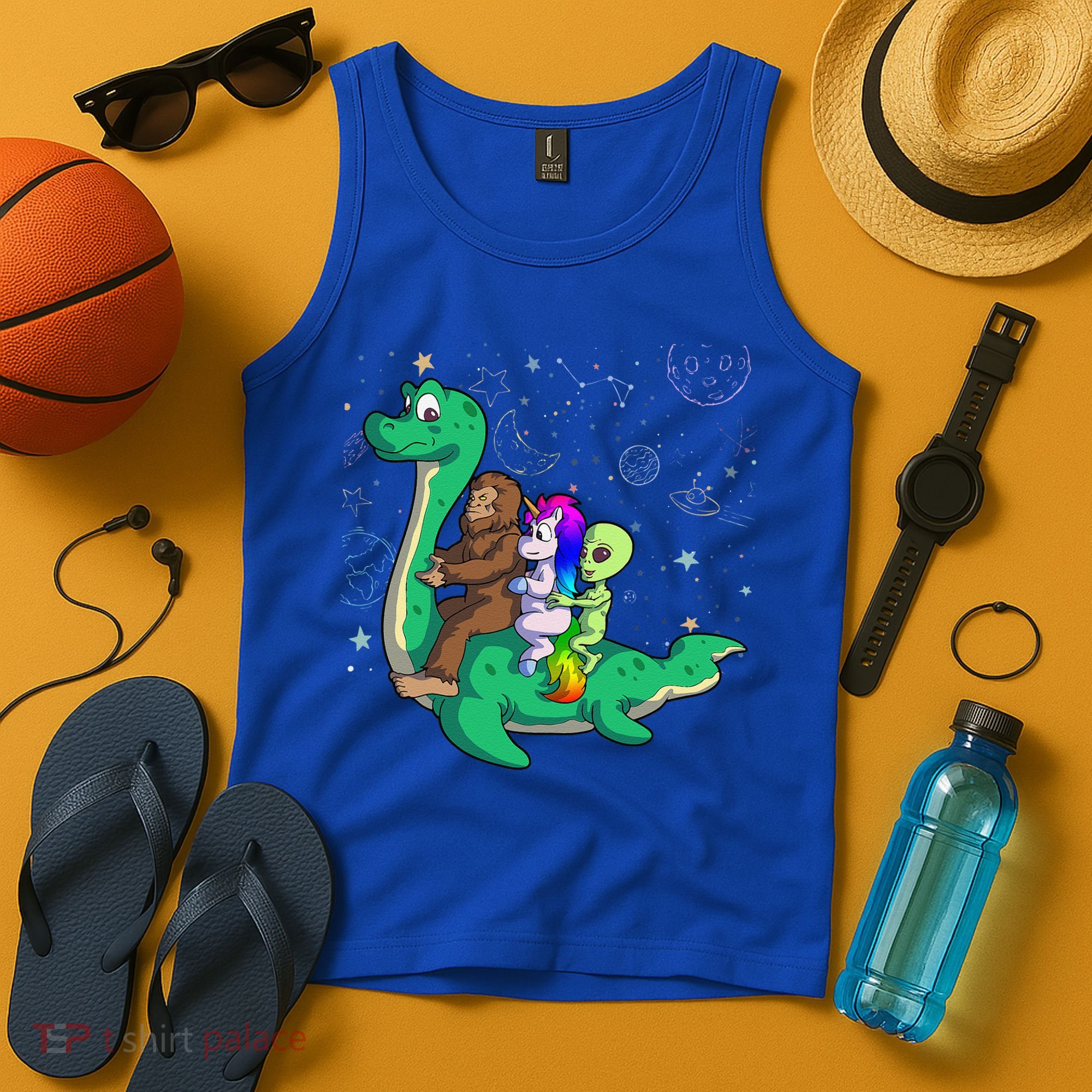 Alien Bigfoot Unicorn Riding Loch Ness Monster Halloween Tank Top