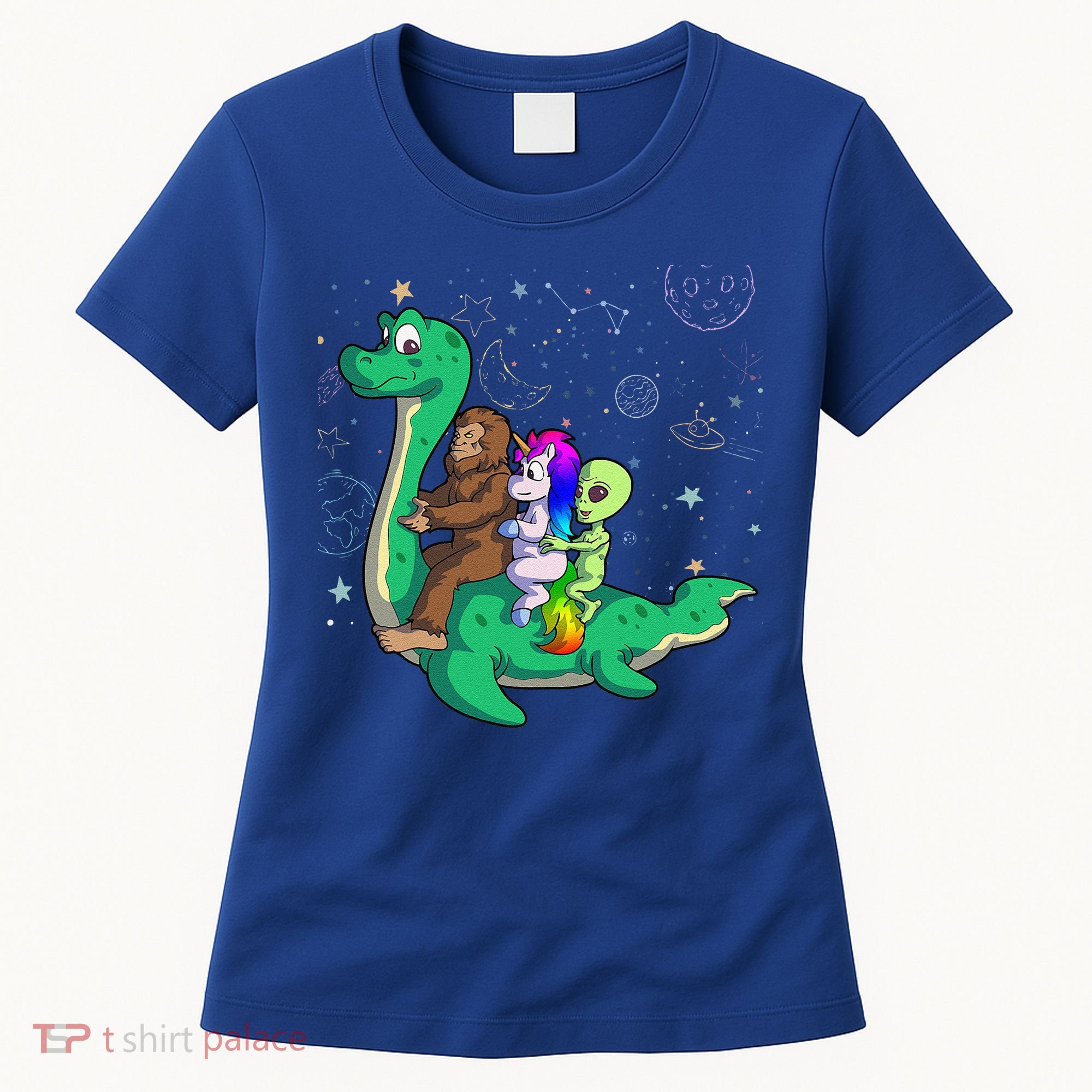 Alien Bigfoot Unicorn Riding Loch Ness Monster Halloween Women's T-Shirt