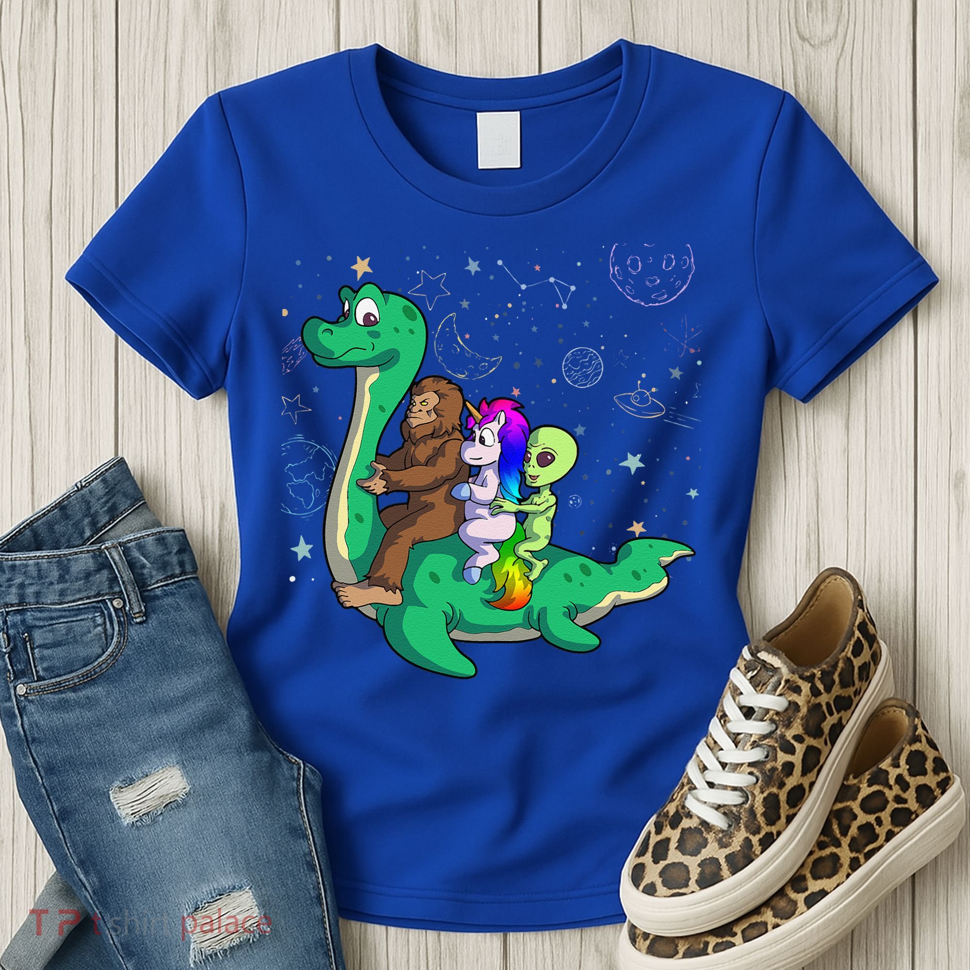 Alien Bigfoot Unicorn Riding Loch Ness Monster Halloween Women's T-Shirt