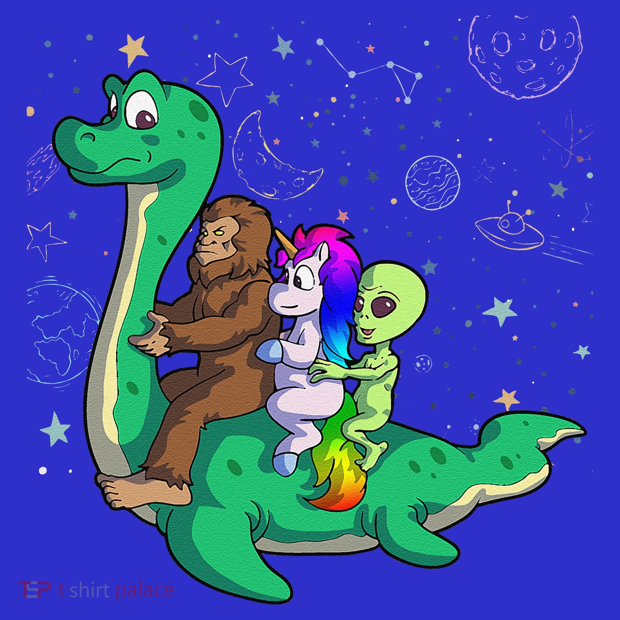 Alien Bigfoot Unicorn Riding Loch Ness Monster Halloween Women's T-Shirt