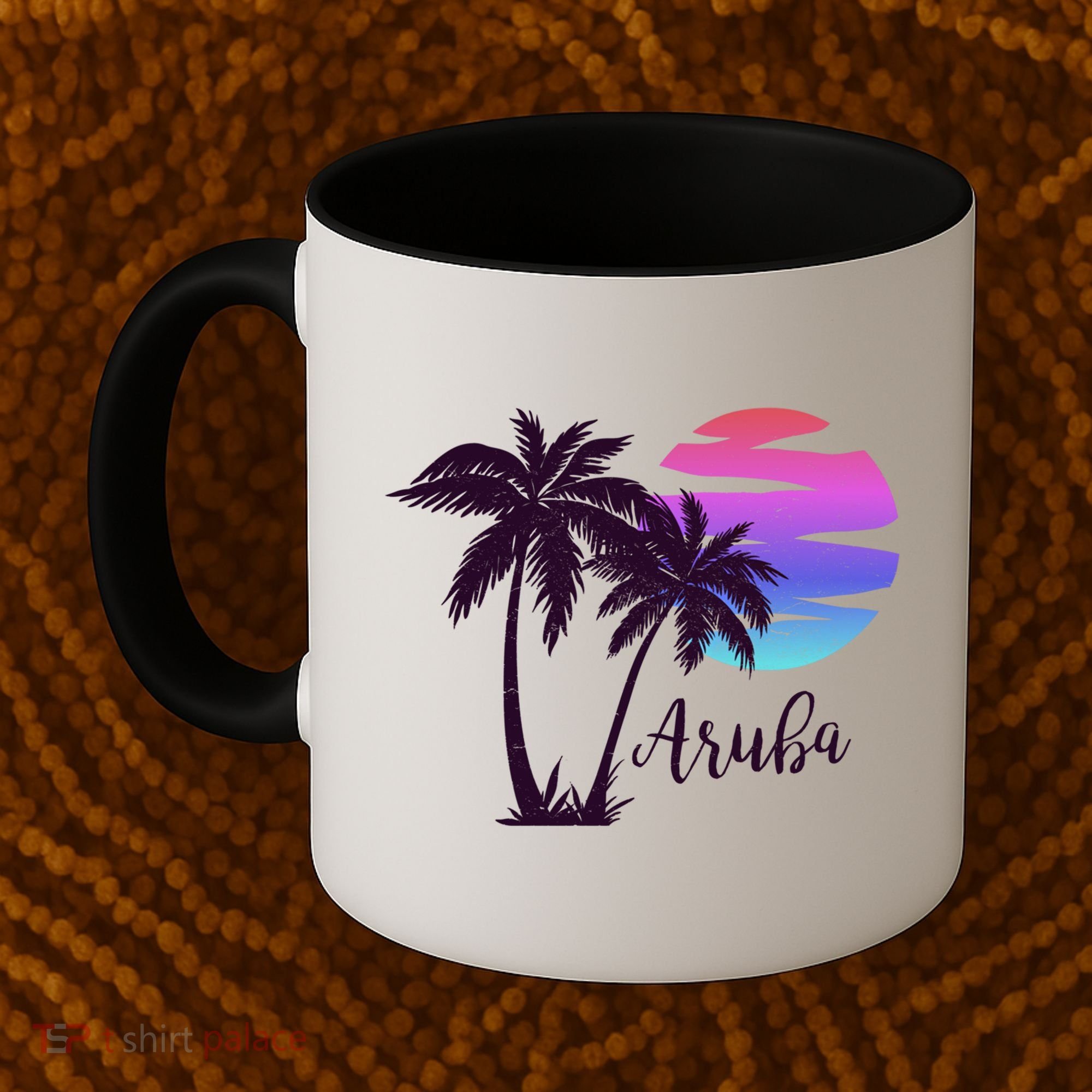 Aruba Beach Vacation Caribbean Cruise Retro Sunset Palm Tree Meaningful Gift Coffee Mug