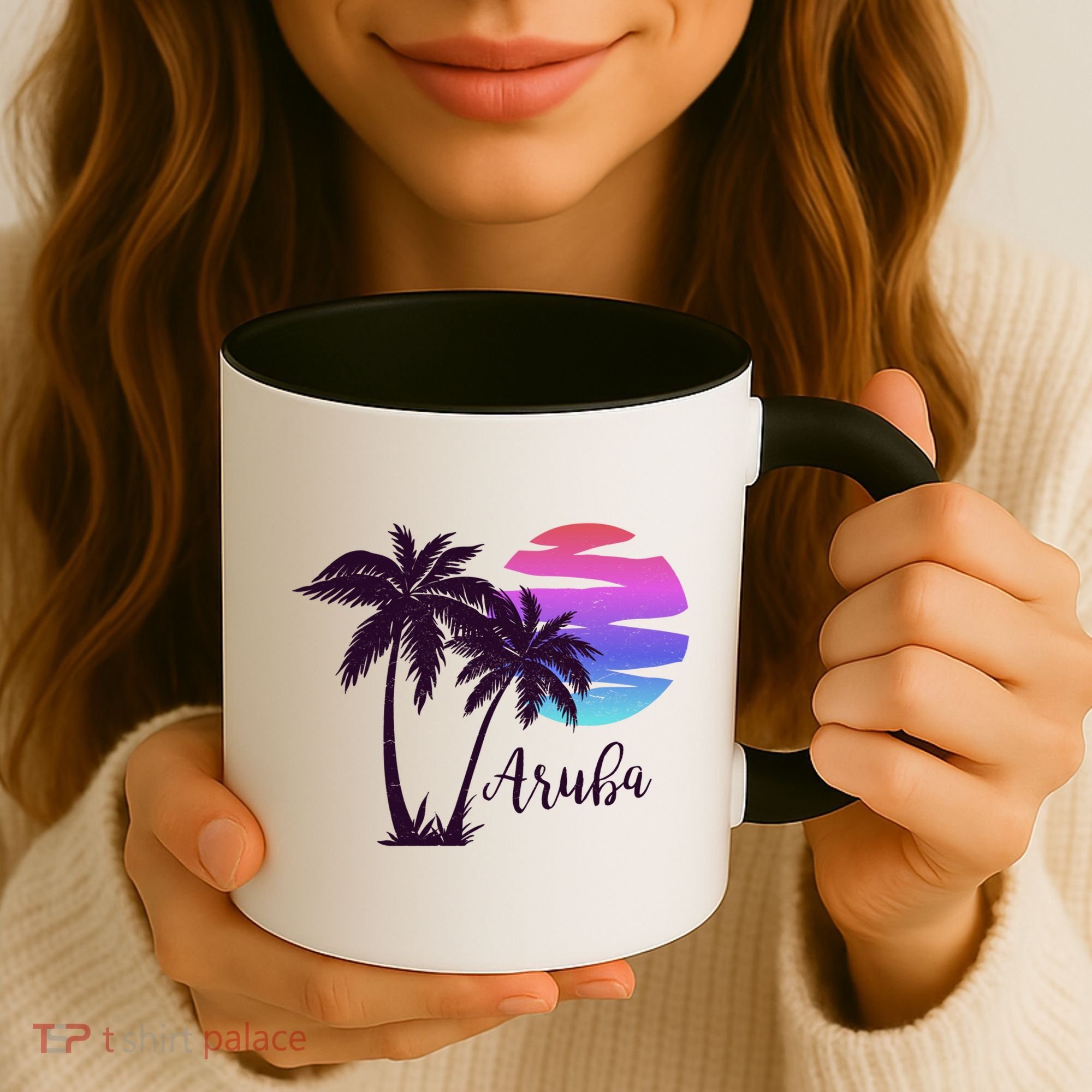 Aruba Beach Vacation Caribbean Cruise Retro Sunset Palm Tree Meaningful Gift Coffee Mug